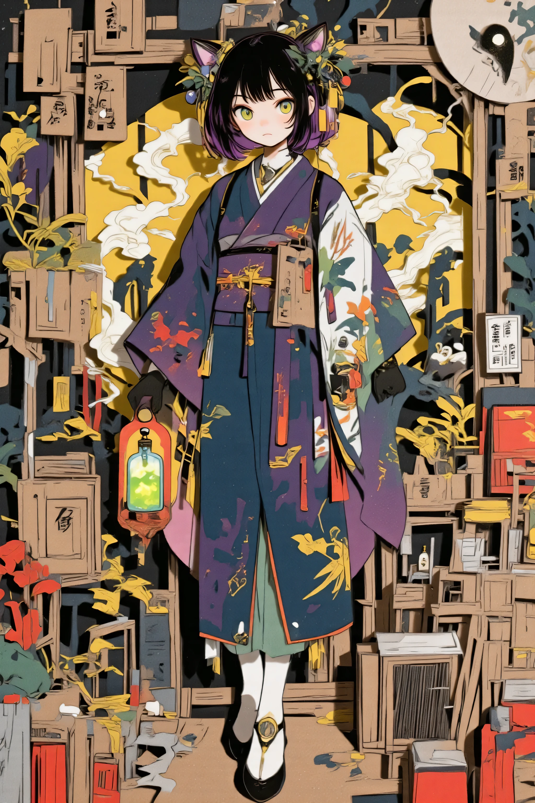 ((cartonnage The image is made on cardboard:1.5), masterpiece, best quality, bold crisp linework, high saturation, flat shapes, simplified geometry, halftone dots, minimal soft shading),  
a black-haired cat-eared girl with subtle purple highlights, wearing a traditional kimono-style outfit adapted for an alchemist: layered deep violet and indigo fabric with stylized herbal motifs, wide sleeves trailing slightly, and an ornate obi tied with potion vials and scrolls hanging from the sides;  
her round glasses reflect a soft glow as she offers a bottle of luminous green potion with a composed, slightly mischievous expression;  
her hands, in cute paw-shaped gloves, gently cradle the bottle as soft light glows from within;  
behind her stands a pop-up cardboard potion stall, decorated with ink-drawn herbal diagrams, hanging talismans, and paper crates filled with colored bottles and dried herbs;  
composition: full-body, central framing, vertical layout, mid-pose offering the potion forward, with the other hand lightly adjusting her glasses or obi;  
background: stylized diorama-like cardboard scenery — folding screen patterns, paper lanterns, layered cardboard plants, and cutout signage reading “秘薬商人”;  
palette: deep violet, indigo, mint green, gold, silver, dusty beige, with faint pastel gradients for atmosphere;  
effects: glowing potion trails, drifting paper particles, cardboard texture grain, soft halftone fog;  
lighting: ambient soft glow with faint mint highlights and subtle warm edge lighting;  
mood: mystical, composed, handcrafted elegance with a poetic and whimsical cardboard charm.