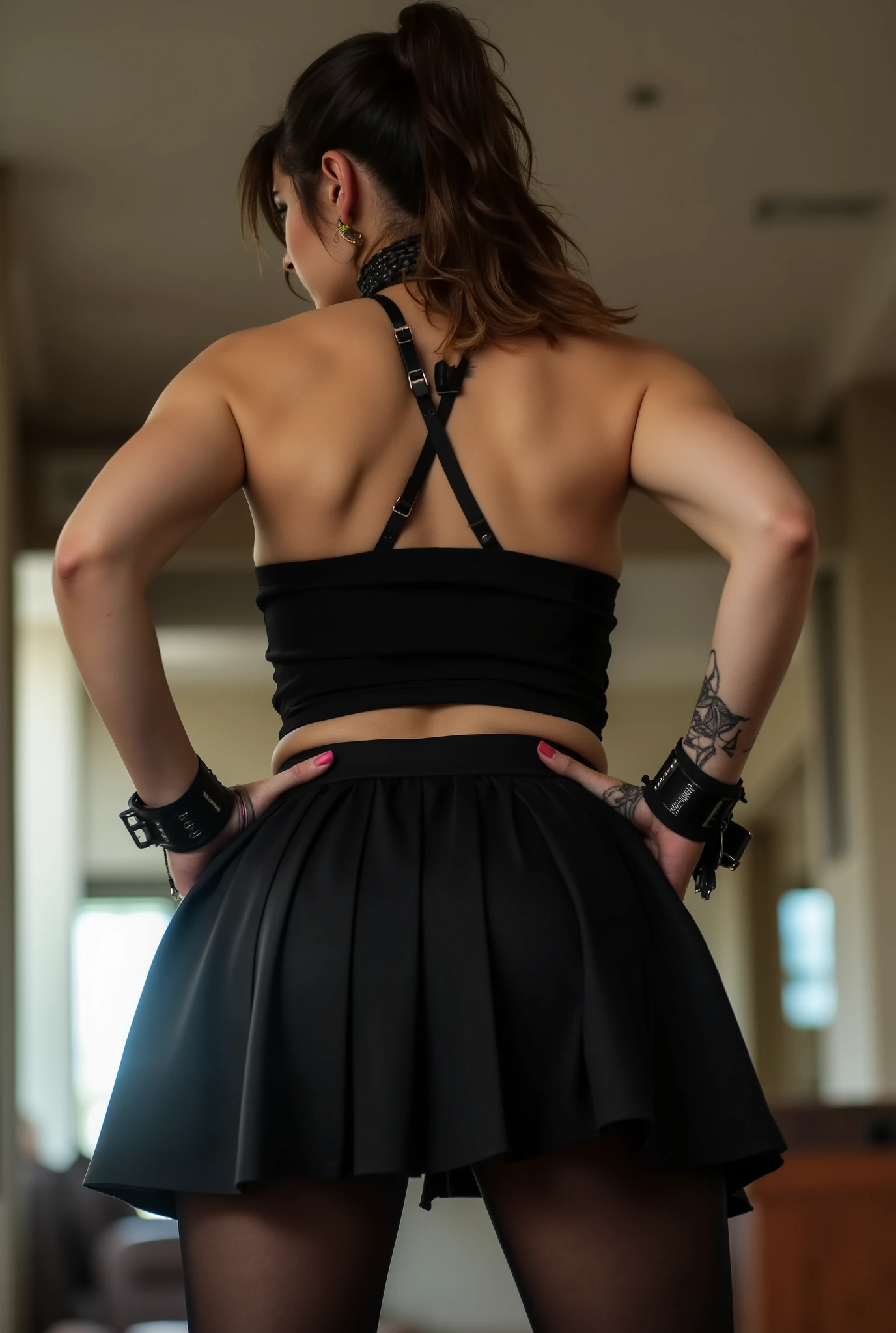 imposing rear-angle portrait of domineering European woman with stout powerful build, wide hips and thick strong legs in authoritative stance, minimal head turn revealing just a glimpse of stern profile with intense sidelong glare, wavy dark brown hair pulled severely into tight ponytail, fitted black pleated skirt with sheer black tights showcasing her substantial curves, black tank top with straps crossing her broad back, pronounced leather choker and heavy wrist cuffs signifying absolute control, back deliberately arched to assert dominance while emphasizing her full rounded buttocks, shot from extremely low submissive angle with ceiling visible beyond her towering form, bright daylight creating dramatic shadows that accentuate her commanding presence