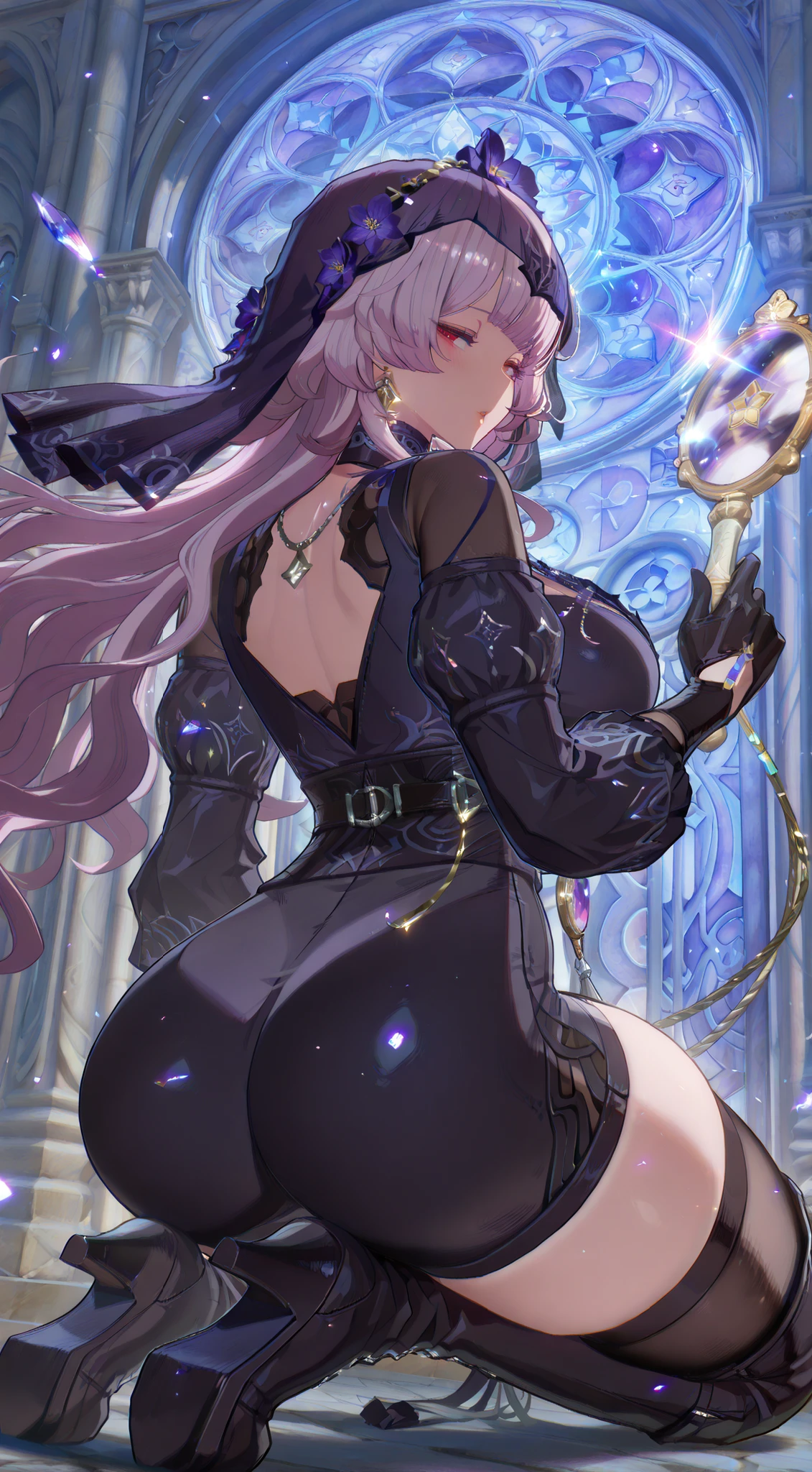 (Photo from right angle,clear, Best quality ,Close Back View), (modern),person,female, light purple hair ,Wavy hair , long flowing hair , Red Ruby eyes , Sharp eyes, (Gorgeous face), sexy body, massive breasts,hips wide, bubble Butt , light skin , Cold face , mystical apostle , light purple eyelashes , midnight , no light , side wavy hair bangs , red blush , sleepy eyes , juicy lips , Graceful , kneeling elegantly , Wear a long dark blue-violet floral patterns veil with High details, Wear choker necklace with a glowing light pink radiant star emblem with High details , wear a dark blue-violet Form-fitting bodysuit with star patterns with high details , wear dark blue-violet sleeves with silver intricate patterns with High details , wear black gloves with metallic finger guards , wear multiple silver jeweled chain , wear black stockings with dark blue-violet lace patterns with high details , wear a multiple silver and black waist belt decorated with celestial star patterns with High details, wear Glossy sleek thigh high-heeled black boots with violet embellishments , Two long tassel-like extensions from the waist , an amulet with a sparkling ping star emblem , Wearing a headdress with floral patterns with High details , celestial aesthetics , A balance between mystery and elegance , light purple hair flowers , silver flowers sleeves , face focus , enchanting pose , A silver hand mirror , fingers touching the floor , Best quality hair , Best quality face , Best quality outfit , Light from behind , wear black glossy tight shorts with intricate patterns , jeweled boots , look back , Glass shards scattered in the air , wear long scalloped sleeves , long wavy bangs , wind blowing , hair fluttering in the wind , butt to viewer , place hands on the floor , Cathedral