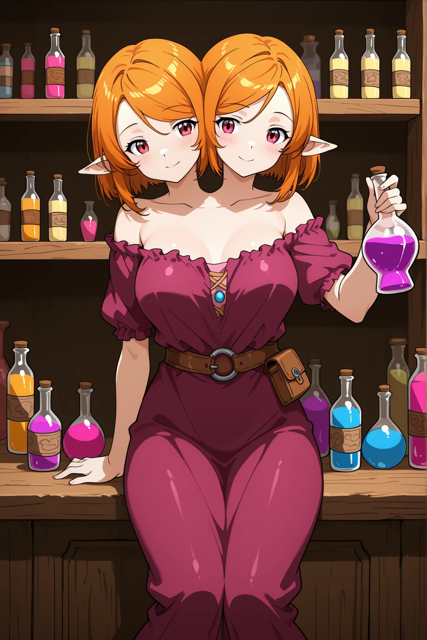 conjoined, anime girl with two heads, fantasy shopkeeper, bottles of colored liquid on a shelf, potion shop interior