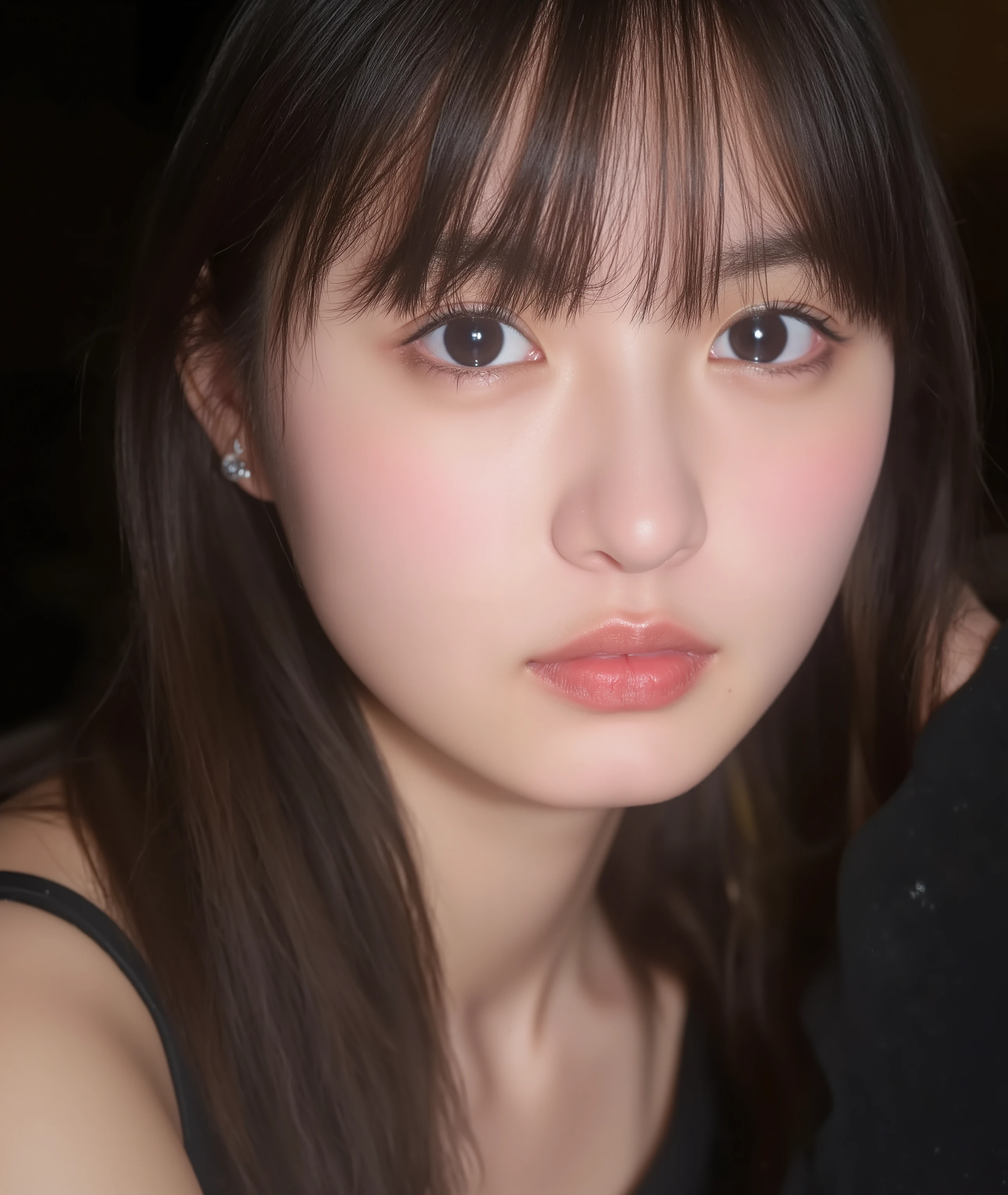 The image is a close-up photograph of a young Asian woman with a fair complexion. Her face dominates the frame, occupying the majority of the image, with her eyes, nose, and lips prominently visible. She has large, almond-shaped eyes with long, thick eyelashes, and her skin is smooth and soft. Her lips are full and slightly parted, revealing a natural, rosy hue. She wears a small silver stud earring in her left ear, adding a subtle touch of personal style.
Her hair is long, dark brown with subtle highlights, and it partially covers her forehead, giving a slightly tousled, casual look. The background is out of focus, but it appears to be a dark, possibly indoor setting, which emphasizes her face and provides a stark contrast to her light complexion. She is wearing a black garment, possibly a top or a sleeve, which is visible at the bottom of the image. The overall mood of the photograph is intimate and personal, capturing a candid moment with a natural, unfiltered aesthetic.