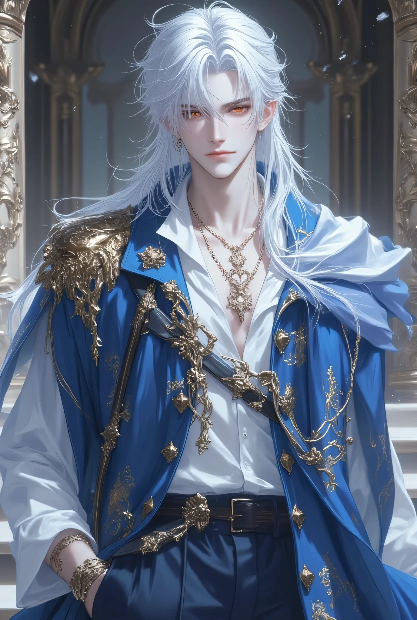 Young Man1,Good looking,, cool tea ,white Long, shiny hair, red eyes,, handsome prince of the royal family, white hair, God of Death, beautiful male, , handsome young man in the kingdom, wearing a royal knight dress(Shirt and pants) , blue and white,with elevated ornaments, standing in front of the steps of the palace 4k wide view, full view