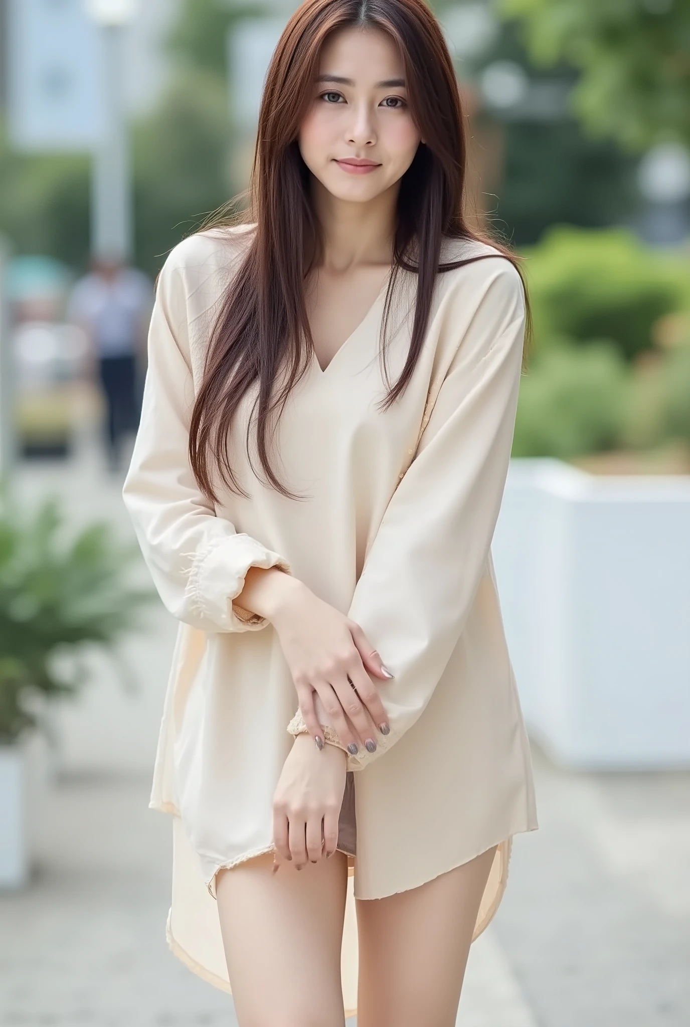 Realistic Japanese woman、Beautiful proportions that stand out for your style、long supple legs、Stylish clothes that show your body lines、Portrait with natural light like a photo book、Soft Sunlight、The background is blurry、8K Ultra HD、realistic shading and texture、smooth skin、Beautifully composed photo、studio or outdoor shooting style by a professional photographer、Cinematic Atmosphere、masterpiece