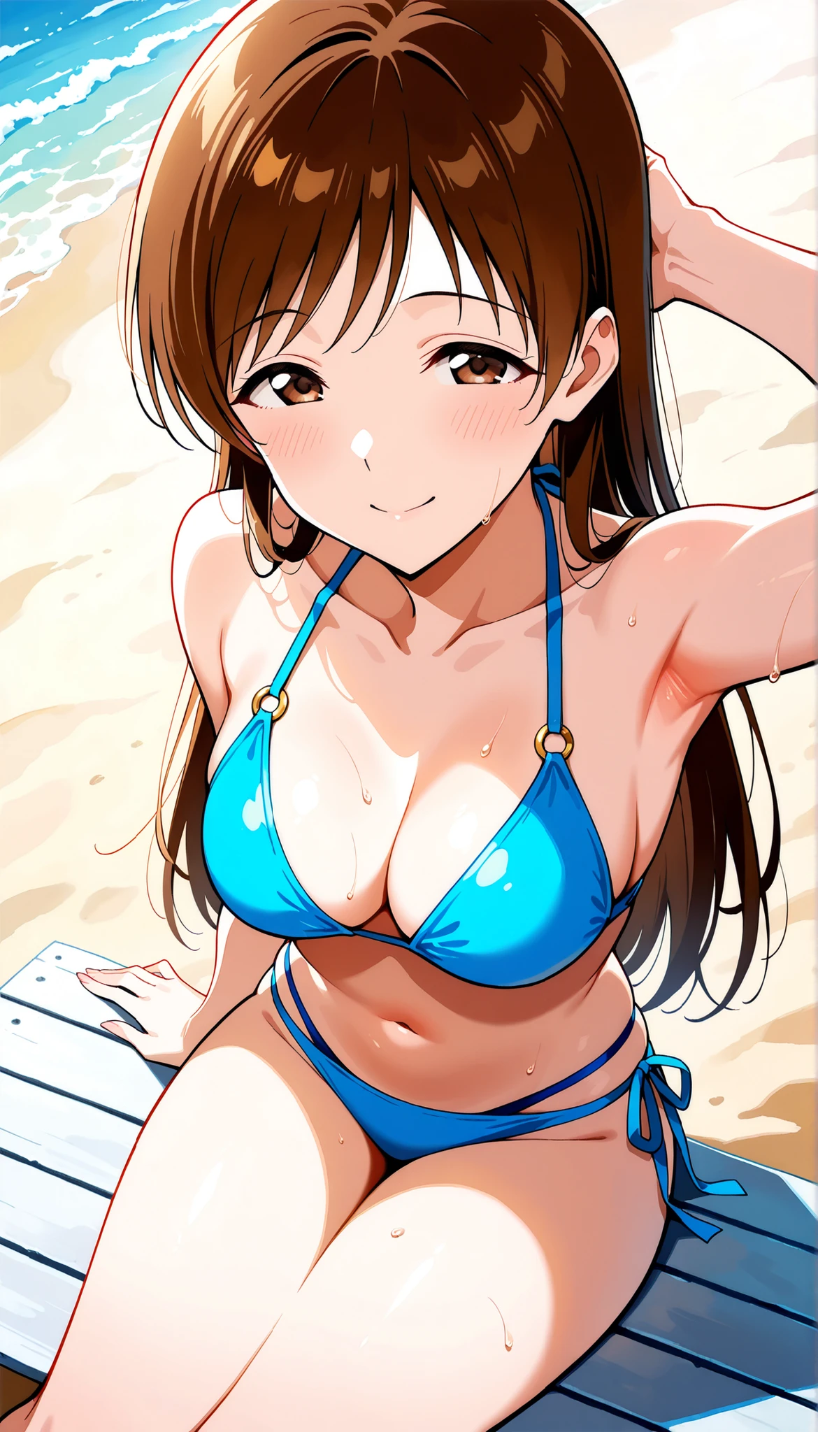 1girl, ???????????, wet, light smile, veneto swimsuit, navel, arms behind back, leaning forward, décolletage, outdoor, street, shower,fisheye