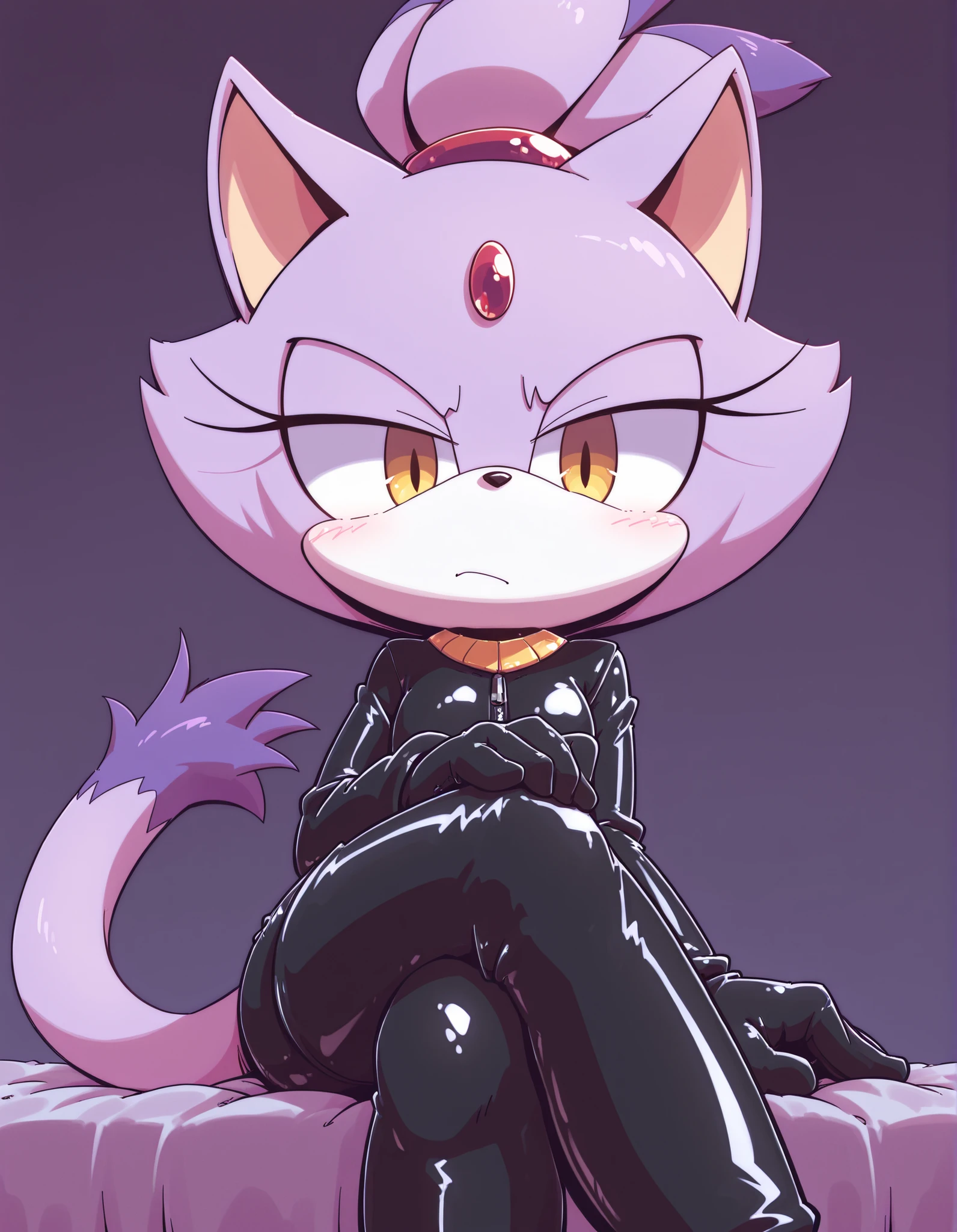 nettsuu_style,, 1girl, solo, latex, latex gloves, latex legwear, crossed legs, looking at viewer, relaxed expression, furry, blaze the cat, purple fur, topknot, ponytail, cat tail, yellow eyes, extremely detailed, highres, masterpiece, best quality,