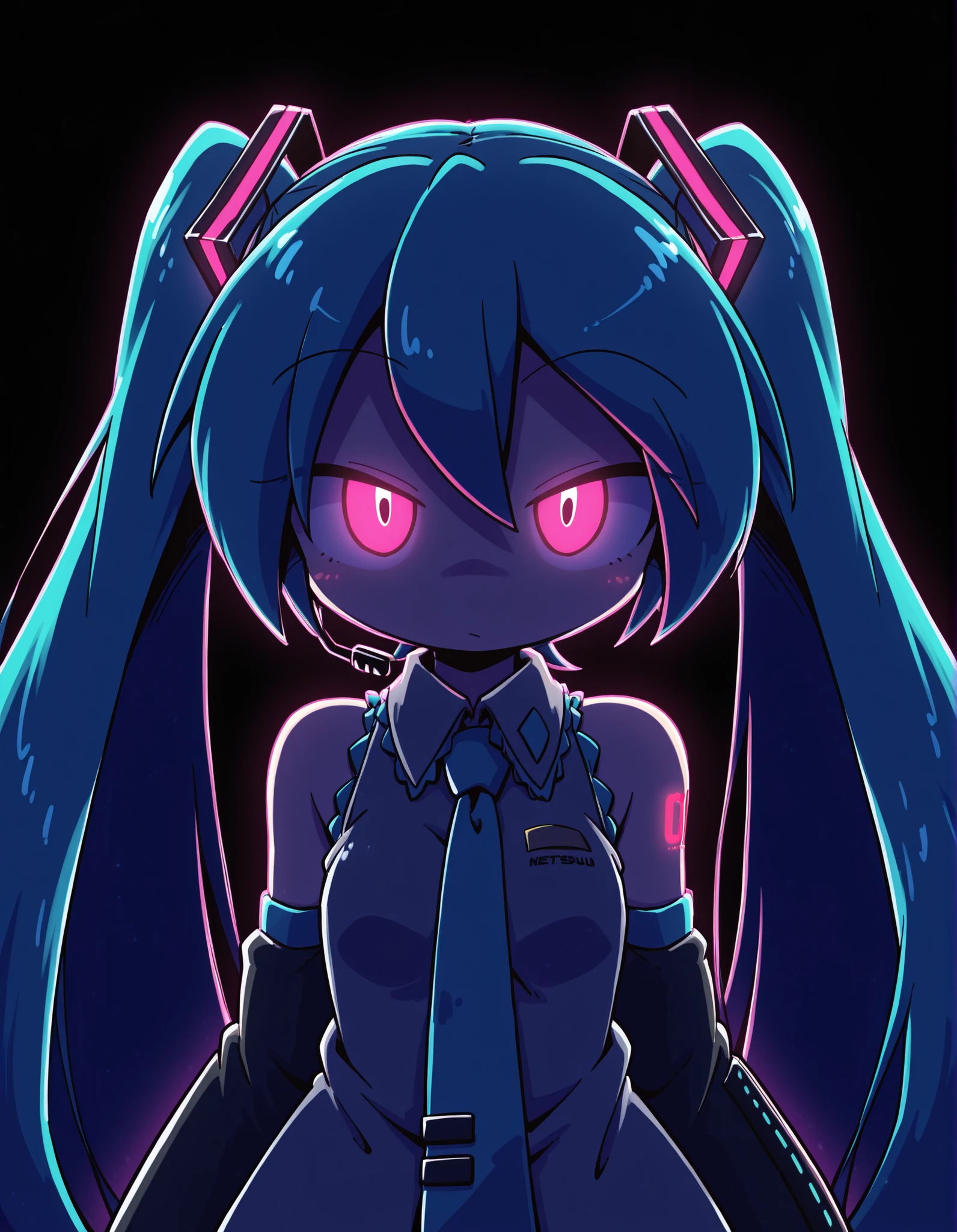 nettsuu_style,, Hatsune Miku,limited palette,black background,colorful,vibrant,glowing outline,neon,blacklight,looking at viewer, masterpiece, very aesthetic,