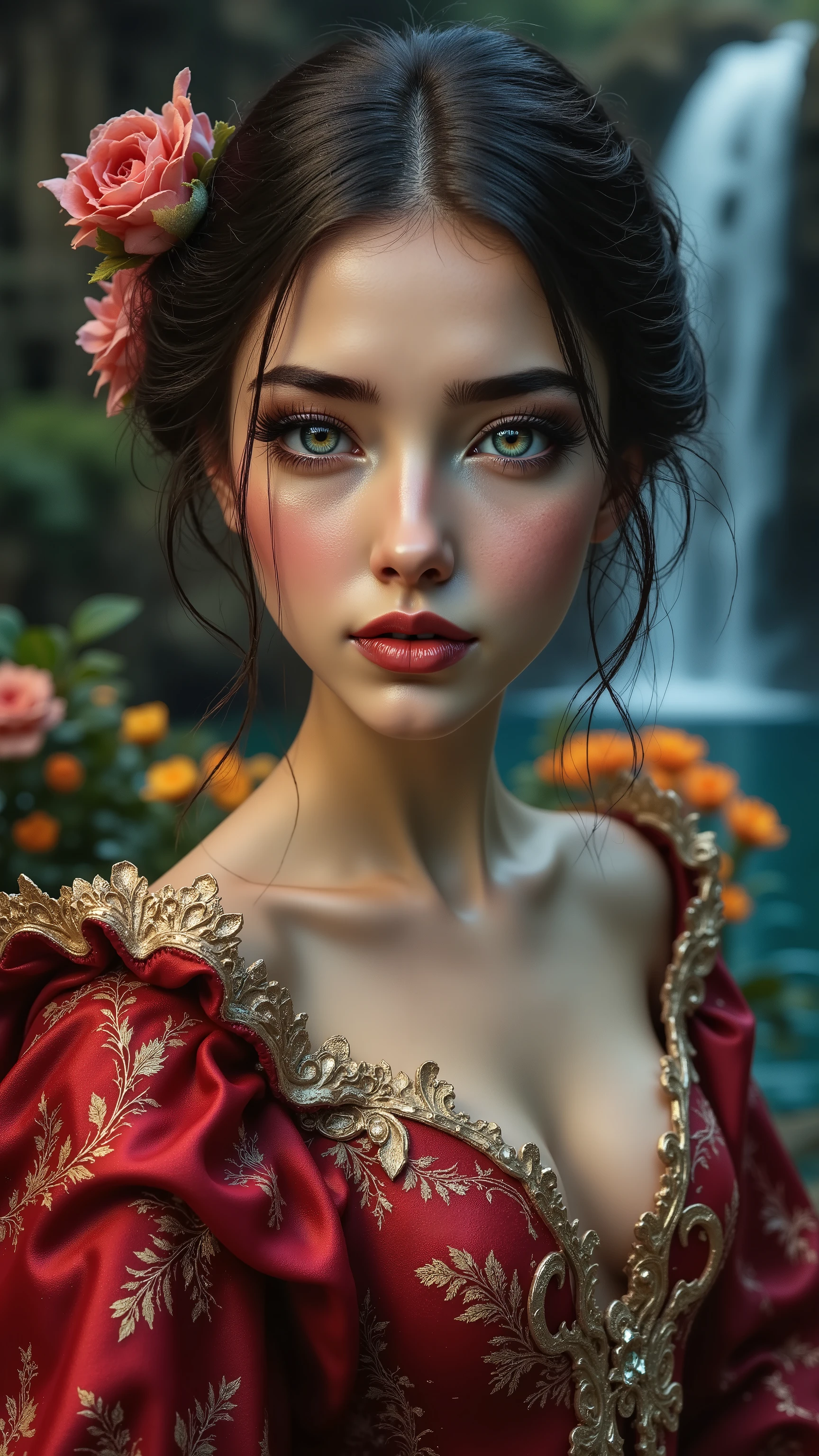  Ultra-realistic (photorealistic Realism) , "UHD, Hyper high resolution" - "(Hyper quality, intricately ultra-detailed digital art)" (Key Directive: - ("The priority is the anatomical accuracy and texture of the materials" - "Ultra-sharp human eyes with biological accuracy") (realistic texture details: velvety skin, hair), long Lashes: individual synthetic fibers (crosshatched roots:1 . 2 , clump-free separation), { "Eyes:(acid-resistant terminology) (macro-details:1.5): * Moist corneal surface (visible aqueous layer:1.2) * Hyper-detailed iris eyes (green) * Precise limbal ring (slightly darker pigmentation:1.3) * Pupil micro-texture (irregular edge authenticity:0.9) * Vasculature in sclera (subtle blue veins radiating from limbus)" } (Avoid: "pupil distortion , uncanny valley asymmetry , plastic-like wetness"),detailed portrait of a princess wearing a luxurious fur robe over a royal dress, she has a warm smile on her face, lush waterfall in the background, colorful flowers surrounding her, highly detailed, 8k, photorealistic, realistic lighting, professional digital art, dramatic fantasy style, oil painting, vibrant colors, intricate details, h4nd
