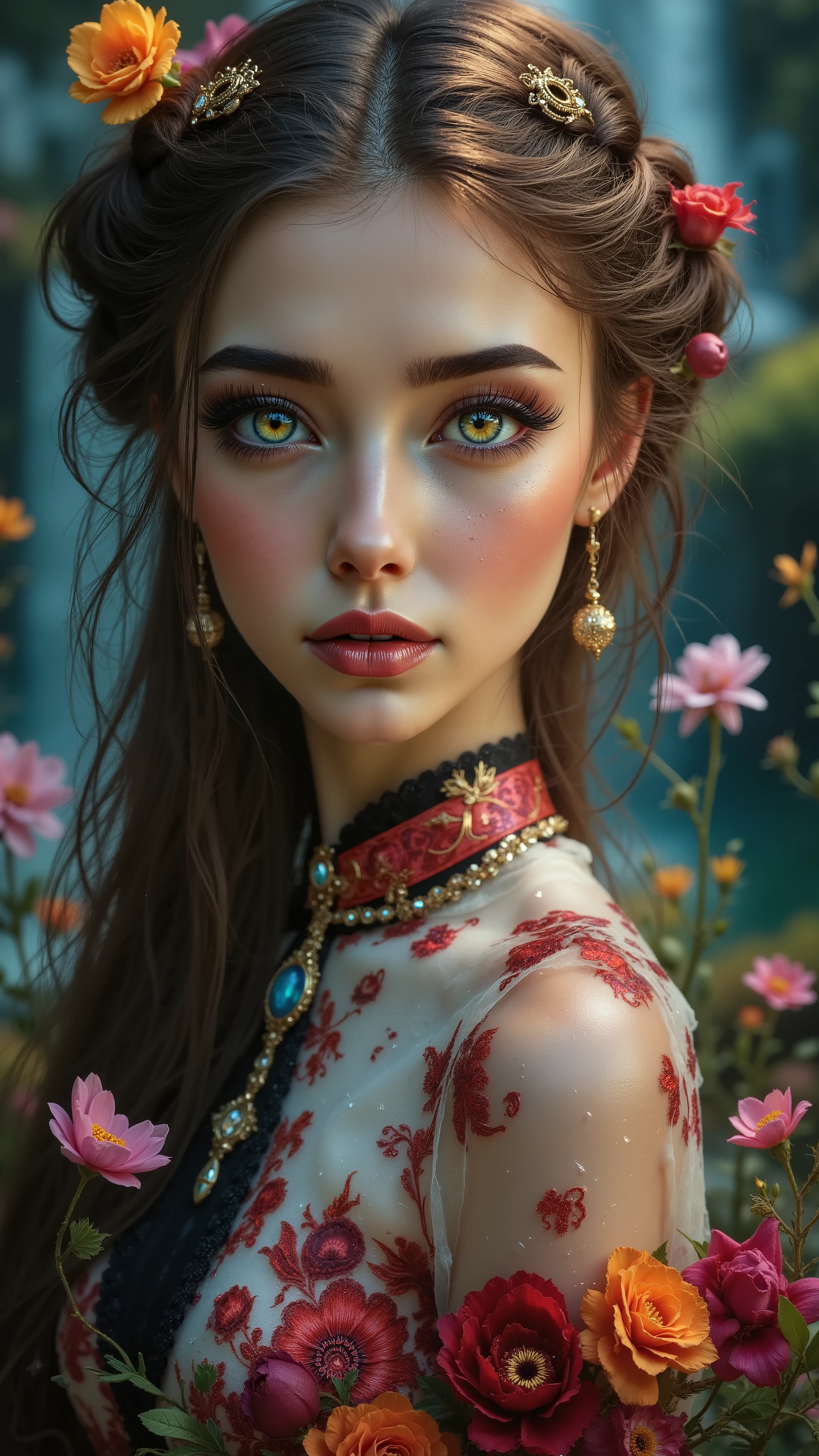  Ultra-realistic (photorealistic Realism) , "UHD, Hyper high resolution" - "(Hyper quality, intricately ultra-detailed digital art)" (Key Directive: - ("The priority is the anatomical accuracy and texture of the materials" - "Ultra-sharp human eyes with biological accuracy") (realistic texture details: velvety skin, hair), long Lashes: individual synthetic fibers (crosshatched roots:1 . 2 , clump-free separation), { "Eyes:(acid-resistant terminology) (macro-details:1.5): * Moist corneal surface (visible aqueous layer:1.2) * Hyper-detailed iris eyes (green) * Precise limbal ring (slightly darker pigmentation:1.3) * Pupil micro-texture (irregular edge authenticity:0.9) * Vasculature in sclera (subtle blue veins radiating from limbus)" } (Avoid: "pupil distortion , uncanny valley asymmetry , plastic-like wetness"),detailed portrait of a princess wearing a luxurious fur robe over a royal dress, she has a warm smile on her face, lush waterfall in the background, colorful flowers surrounding her, highly detailed, 8k, photorealistic, realistic lighting, professional digital art, dramatic fantasy style, oil painting, vibrant colors, intricate details, h4nd
