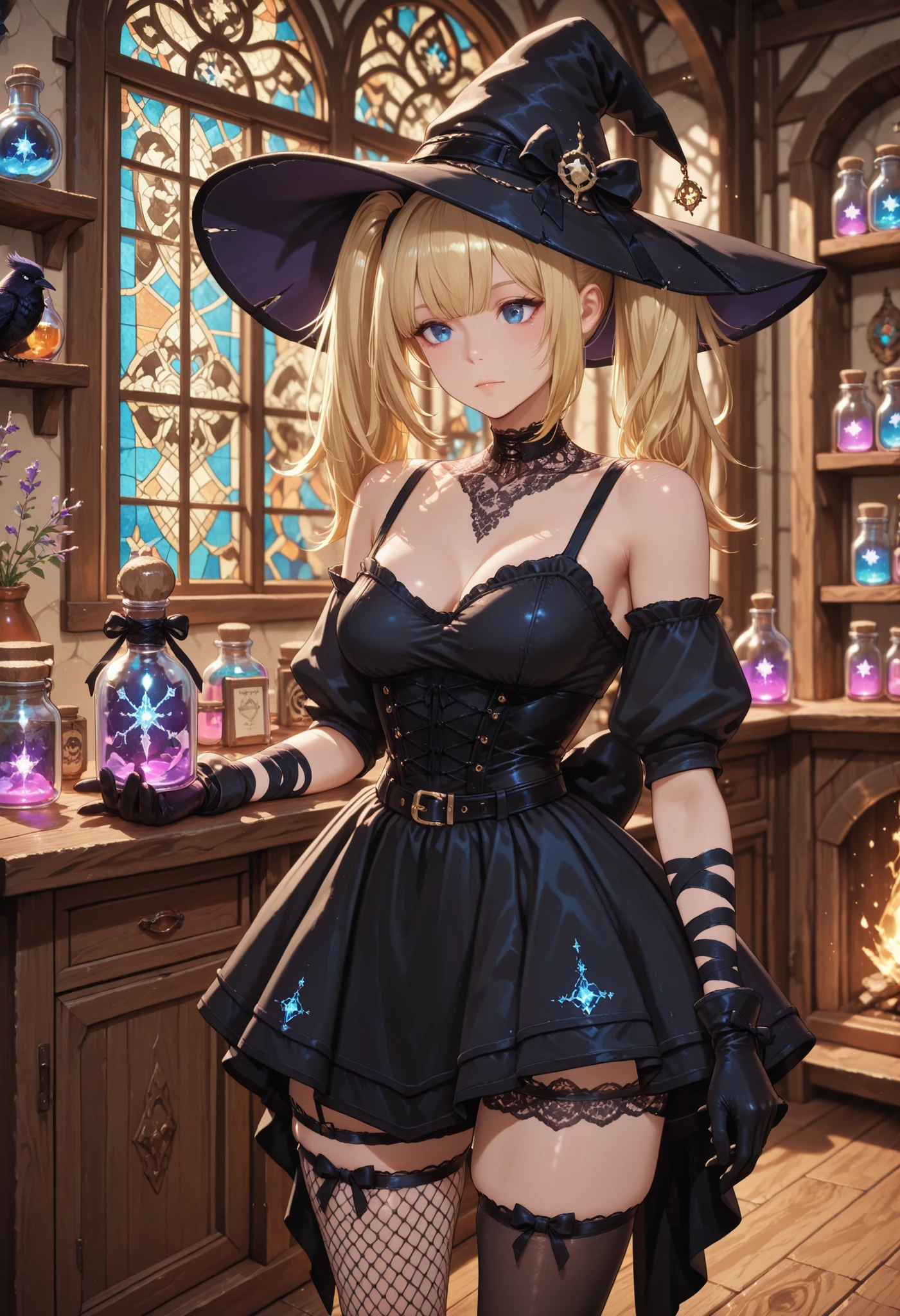 1 girl, Ani (Grok), blonde hair, twintails, long hair, blue eyes, witch hat, lace choker spreading over collarbones, gothic, corset, belt, back bow, elbow-length black gloves, ribbon arm wraps, black panties, asymmetrical thigh-highs: left fishnet stocking with bow garter, right sheer black stocking with bow garter, in a cabin. The old wooden cabin has stained glass windows, creating patterns of light on the worn wooden floor. The walls are covered with crooked shelves full of glass jars of all sizes and shapes, containing shimmering liquids, mysterious powders, and preserved ingredients. Ancient spellbooks are piled up, aromatic herbs are drying in bundles, and an observant crow is perched on a beam. Cinematic photorealism, volumetric lighting, microscopic details, depth of field with precise focus on the witch and her potion.