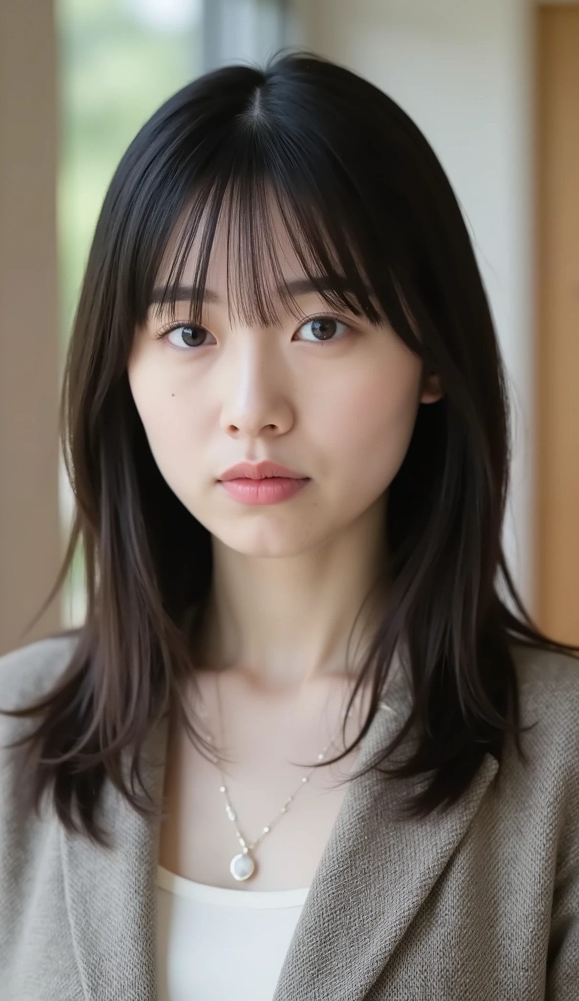 Neat Young Woman、and look at the camera、office lady suit、jacket、shirt、necklace、、ear piercing、前髪あり、No expression、has closed its mouth、顔のクローズアップ、The background is office