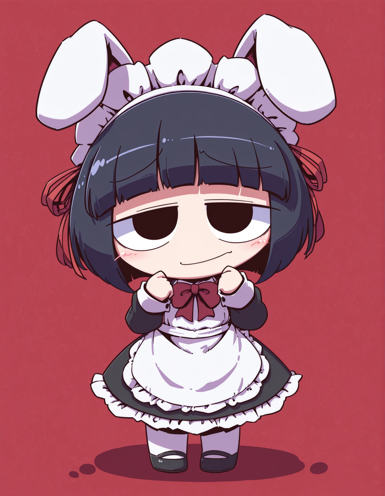 nettsuu_style,, solo, Maya Hell,black eyes,dark hair,bob cut,Maid Outfit、White Apron、White Headdress、 with rabbit ears、cafe