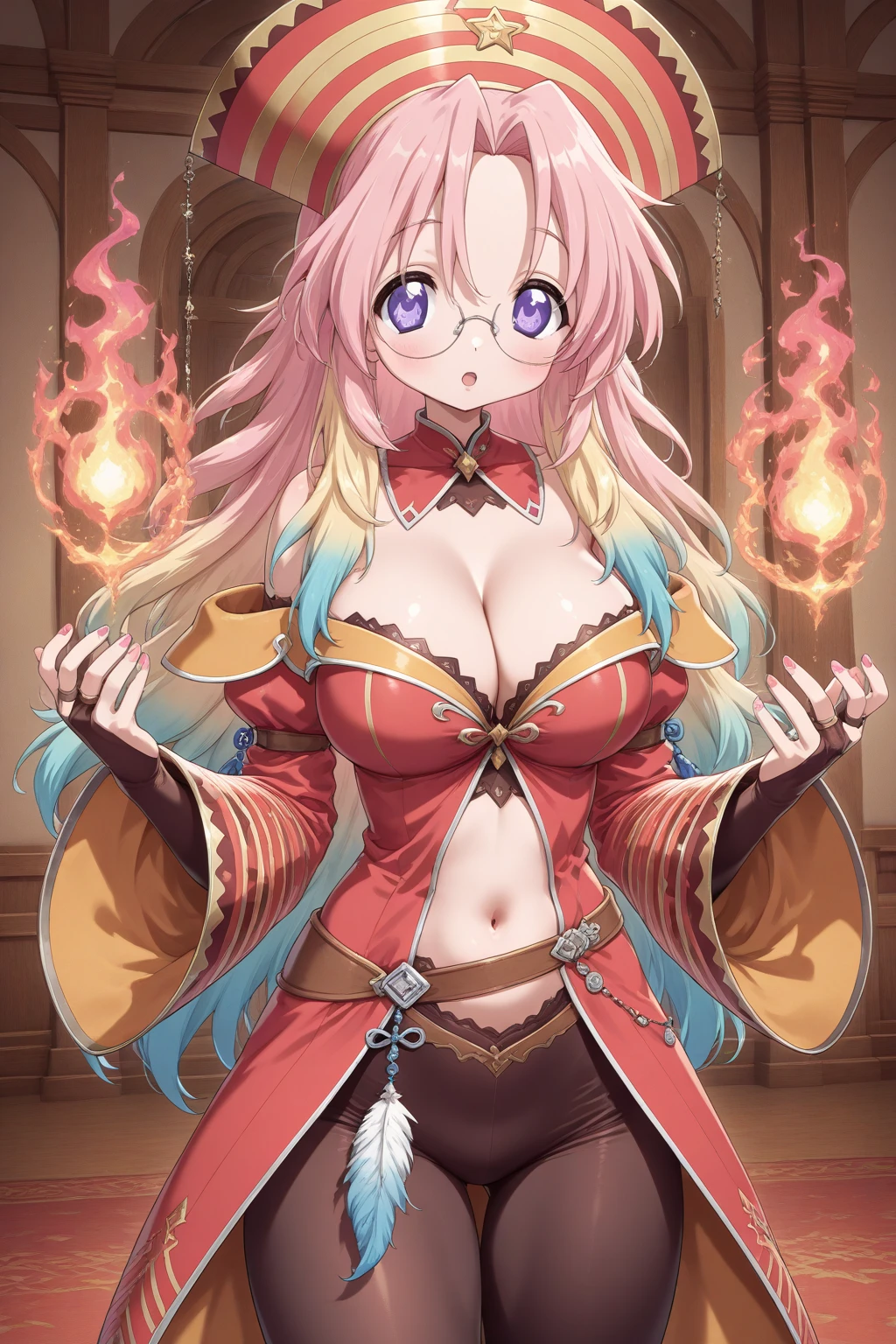 On the luxsurious sofa in seductive pose laying a female kitsune, she have red long hair with pink highlights, charming green eyes. tasty red lips, she dreessed in unbutten blouse, black short skirt high soking and snickers, also she wear glasses, she holding lollypop, she have four gorgeous magic fox tails, (ultra high quality fantasy art, magical fantasy style, masterpiece, ultra high quality character design, 8k quality anime art, realistic anime art, top quality wallpaper illustration, detailed ultra high quality accurate face, high quality design and accurate physic)