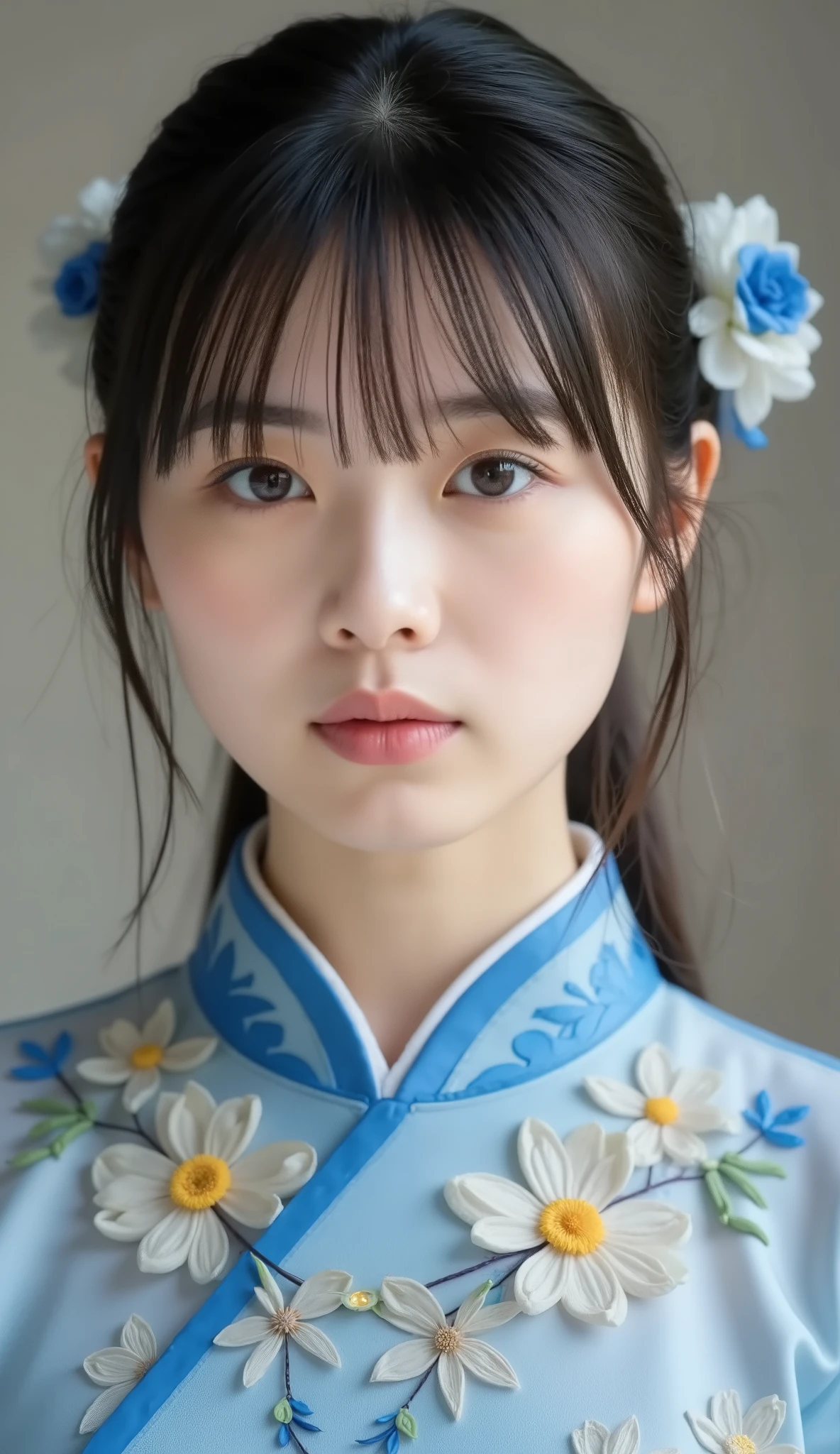 8k、Ultra Precise Rendering、Pictureの品質、 Top quality , Picture, detail eyes、 intricate details ,RAW Picture、natural makeup、Sparkling eyes、cute face、、very white skin、thin waist、blue daffodil, with elaborate and detailed embroidery all over , to reach the climax、Angle to knee、 medium full shot from an oblique front、blue daffodil、 Vietnamese National Clothes ,カメラ目線、無表情、口を閉じている