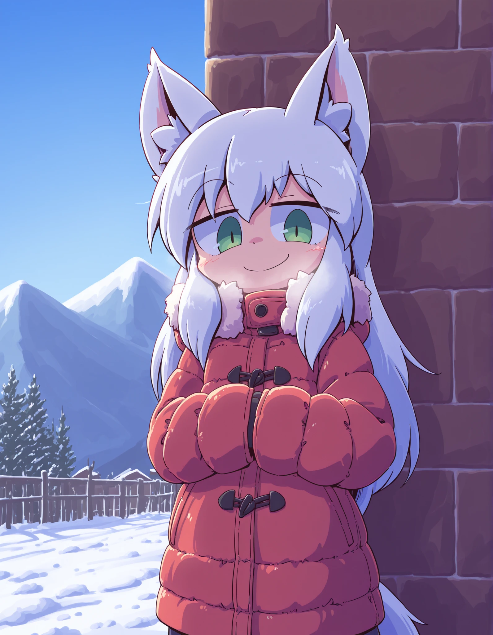 nettsuu_style,, anime, solo, BREAK, young fox girl, skinny and frail, (petite,cute:0.5), green eyes, looking at viewer, long hair, white hair, smile, winter clothes, outdoors, winter,