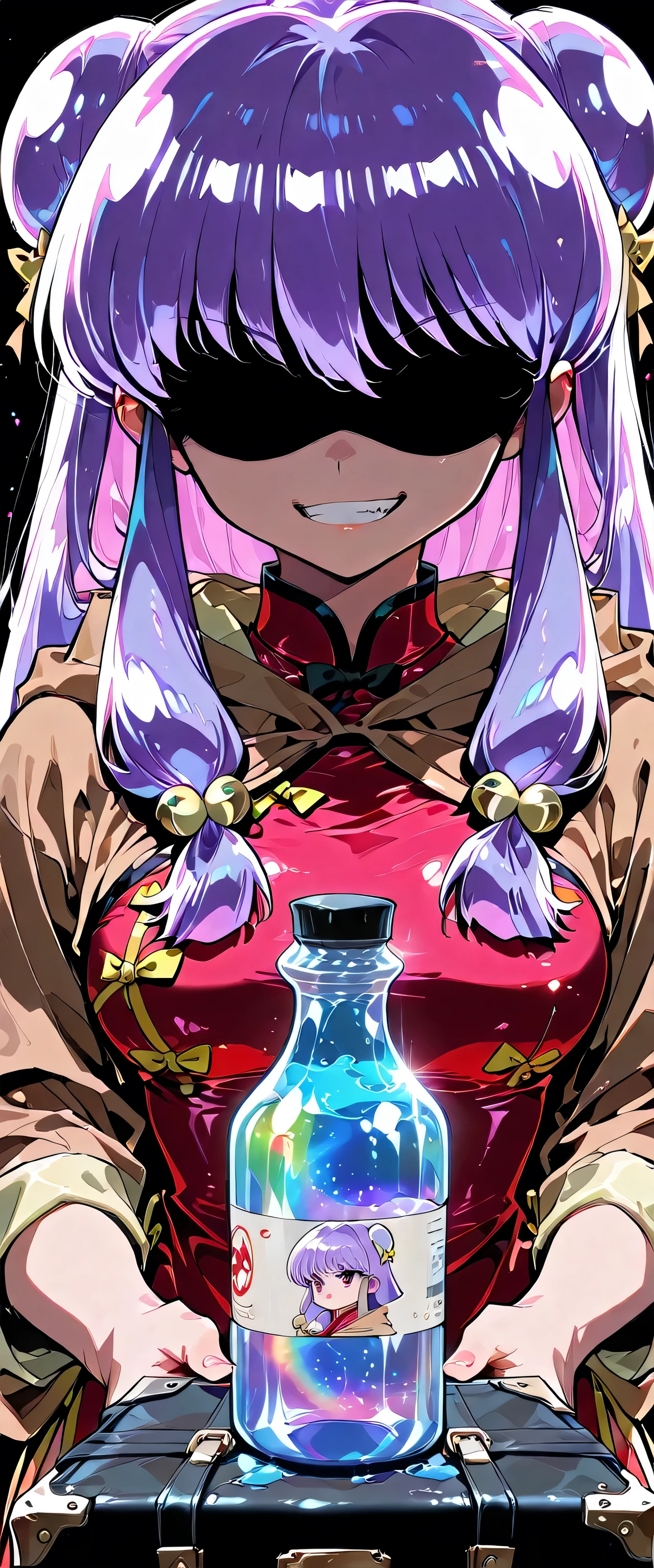 1girl,shampoo \(Ranma 1/2\),(beautiful girl:1.3),masterpiece,1girl,Ultra-high resolution,rich contrast,Very high quality,8k,Highly detailed CG unit wallpaper,Texture,RAW Photos,professional photograph,an extremely delicate and beautiful,Incredibly absurd,Depth of written boundary 1.2,Edinburgh's distinctive streets,((A large oval bottle filled with iridescent liquid)),(upper body:1.5),(grin),(hair color is light Purple:1.5),Brown cloak,briefcase,pitch black night,(dark:2.0)),Set-Flat-Style,flat color,vector style,clean lines,A medicine bottle filled with rainbow-colored liquid,0__11Xx_illu,((The liquid in the medicine bottle is shiny)),Eyeless,chinese dress,shaded face