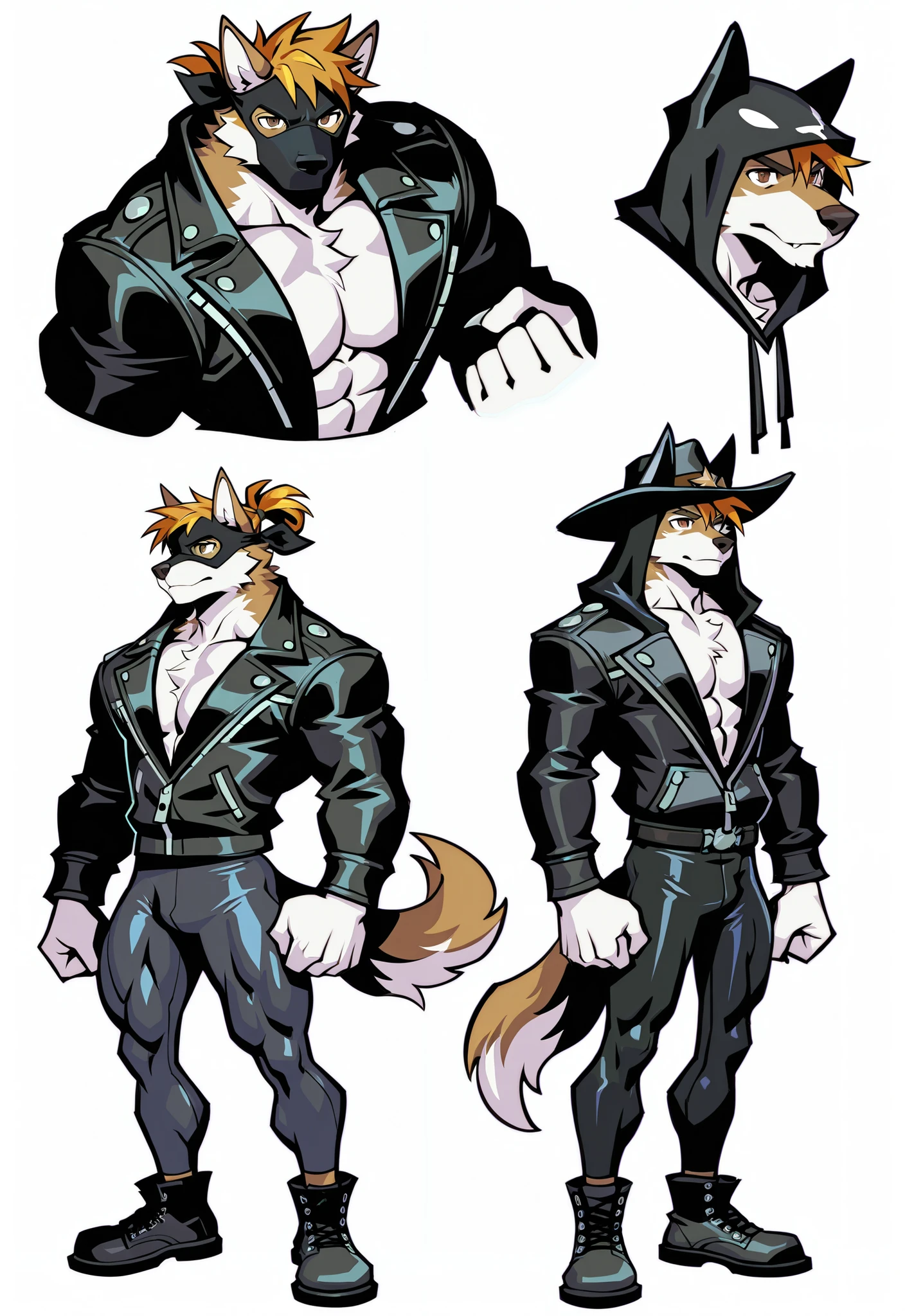 Experienced furry character reference sheet adoptable for Wolfstar, masterpiece , modern day alternate universe, white background, full body, multiple views , best quality , masterpiece , masculine , character sheet , dungeon & dragons , visual novel , featured on Pinterest, dynamic.
Wolfstar is a night infiltration spy super hero! Masterpiece, man, dude, massive muscle brute, guy, hunk, best quality, amazing quality, solo, 1girl, null-ghost, Jenny from visual novel "Wolfstar: Sins and Paradise". Wolfstar is a werewolf who wears a silver skin-tight spandex super suit. Werewolf, male, muscle, hunk, canine, sexy, wears a super hero hood and mask to conceal his identity, musclebound body, bandanna mask combo, carries two high tech guns. He has short spiky blond hair with a pony tail hairstyle, vibrant brown eyes, head and pectorals focus. Male wolf man, wolf tail, no defects, no watermarks, perfect man eyes, 5 fingers, perfect hands, wearing black leather jacket and cowboy hat, no defects, no watermarks, perfect eyes, 5 fingers, perfect hands.