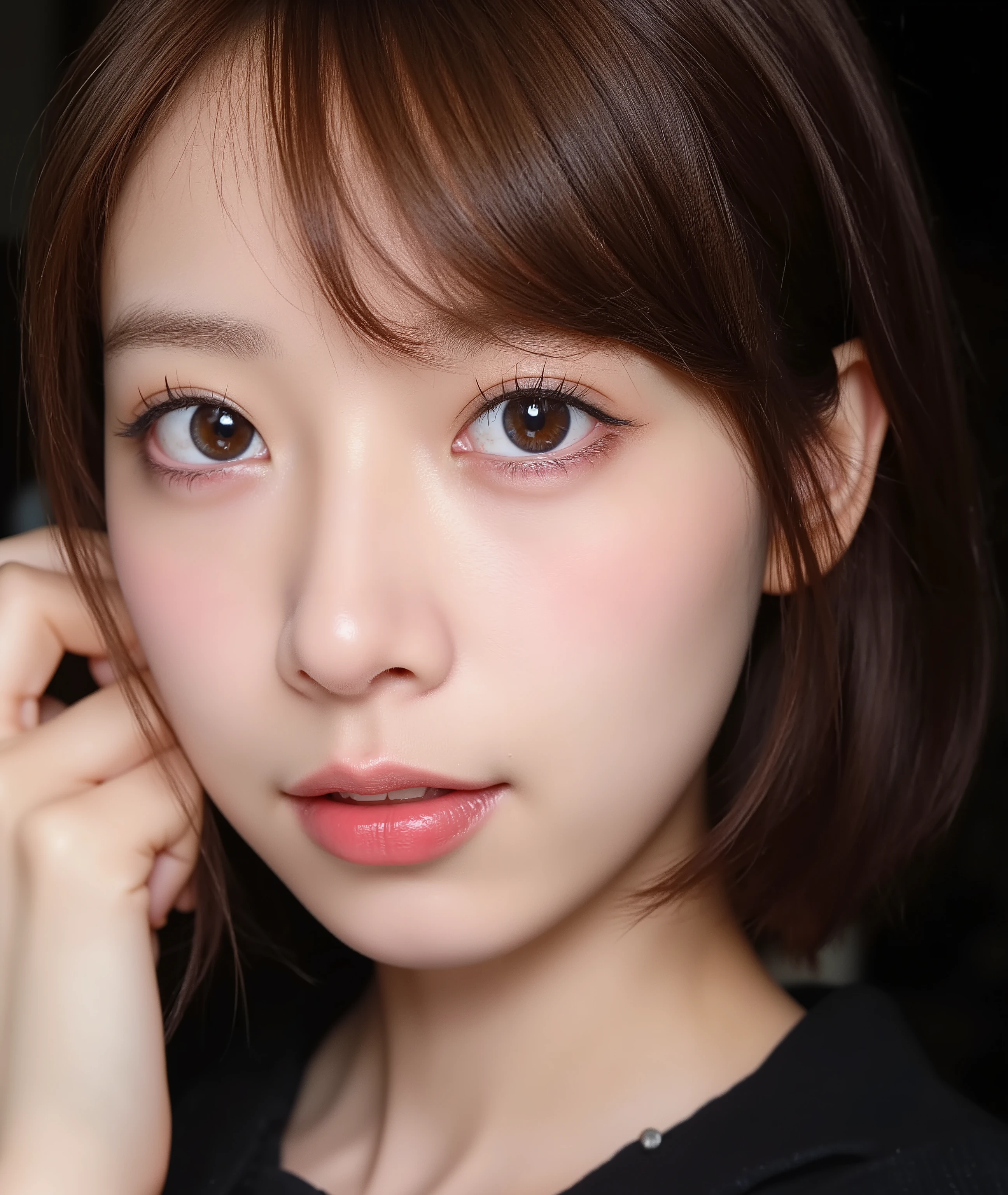 The image is a close-up photograph of a young Asian woman with a fair complexion. Her face dominates the frame, occupying the majority of the image, with her eyes, nose, and lips prominently visible. She has large, almond-shaped eyes with long, thick eyelashes, and her skin is smooth and soft. Her lips are full and slightly parted, revealing a natural, rosy hue. She wears a small silver stud earring in her left ear, adding a subtle touch of personal style.
Her hair is long, dark brown with subtle highlights, and it partially covers her forehead, giving a slightly tousled, casual look. The background is out of focus, but it appears to be a dark, possibly indoor setting, which emphasizes her face and provides a stark contrast to her light complexion. She is wearing a black garment, possibly a top or a sleeve, which is visible at the bottom of the image. The overall mood of the photograph is intimate and personal, capturing a candid moment with a natural, unfiltered aesthetic.