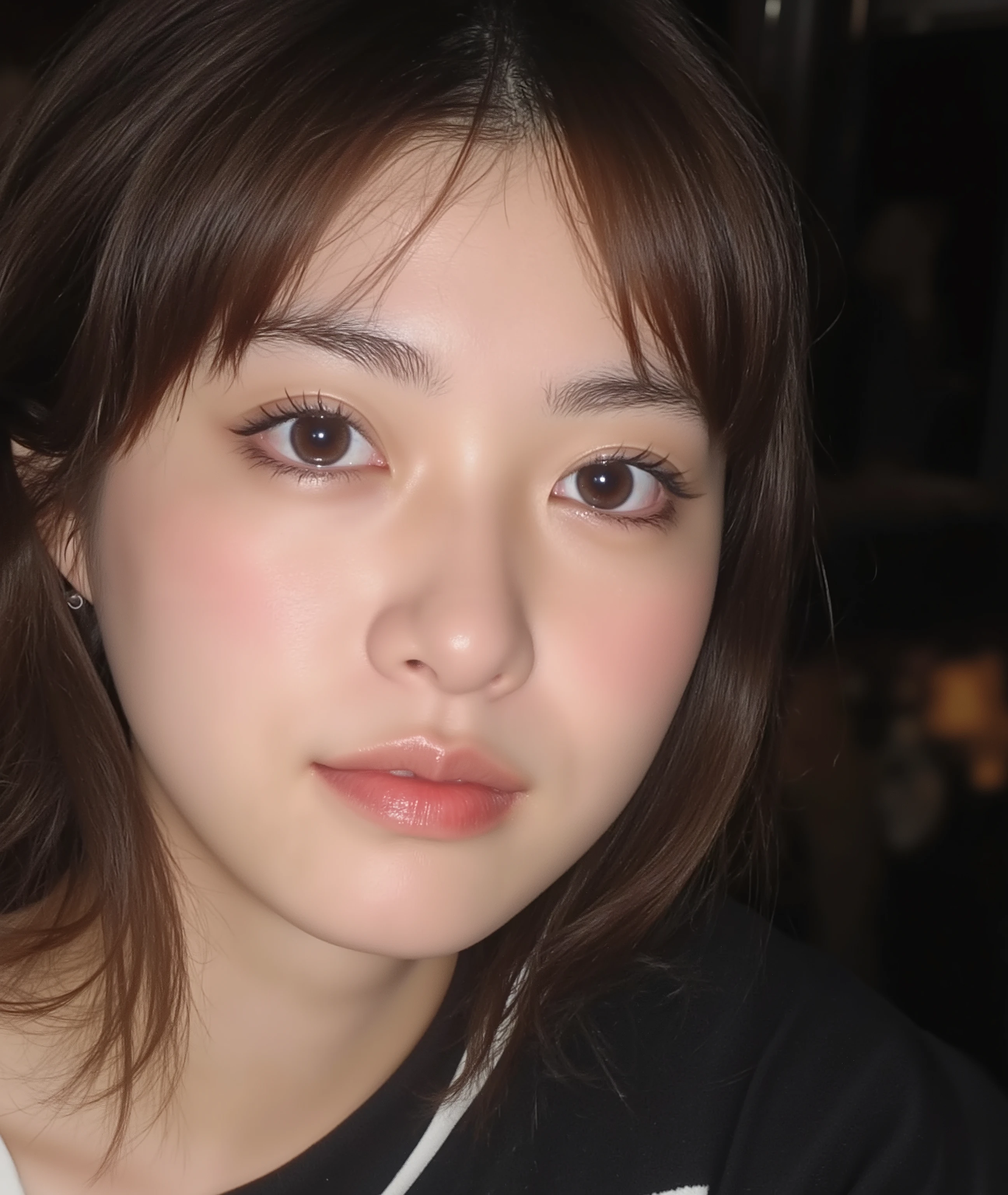 The image is a close-up photograph of a young Asian woman with a fair complexion. Her face dominates the frame, occupying the majority of the image, with her eyes, nose, and lips prominently visible. She has large, almond-shaped eyes with long, thick eyelashes, and her skin is smooth and soft. Her lips are full and slightly parted, revealing a natural, rosy hue. She wears a small silver stud earring in her left ear, adding a subtle touch of personal style.

Her hair is long, dark brown with subtle highlights, and it partially covers her forehead, giving a slightly tousled, casual look. The background is out of focus, but it appears to be a dark, possibly indoor setting, which emphasizes her face and provides a stark contrast to her light complexion. She is wearing a black garment, possibly a top or a sleeve, which is visible at the bottom of the image. The overall mood of the photograph is intimate and personal, capturing a candid moment with a natural, unfiltered aesthetic.