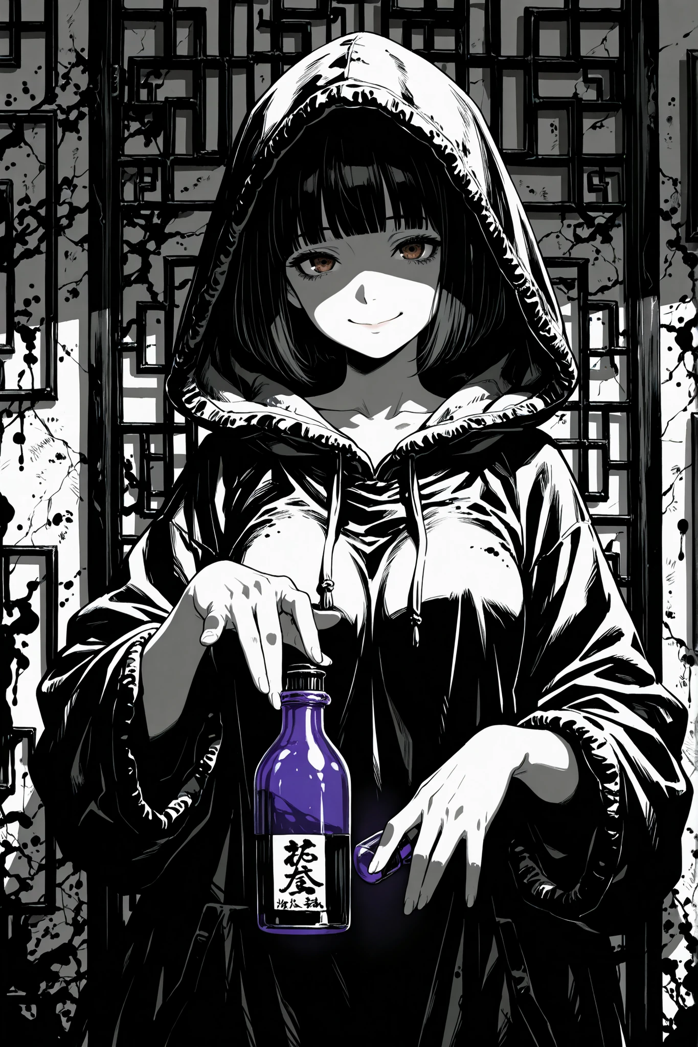 (masterpiece, Highest Quality, Ink painting, rough depiction), buyer's perspective, A bundle of banknotes in hand, Hand over gesture, dirty wall and iron lattice, woman on the other side of the iron lattice, 赤い髪, short bob, blunt bangs, beautiful character design, perfect contrast, anatomically accurate, beautiful face, beautiful and delicate eyes, expressive eyes, brown eyes, Smelly Smile, (long wrinkled costume with hood), square hole in the middle of the wall, woman holding a small purple bottle through the hole, bottle shines, black and white world other than hair and bottle