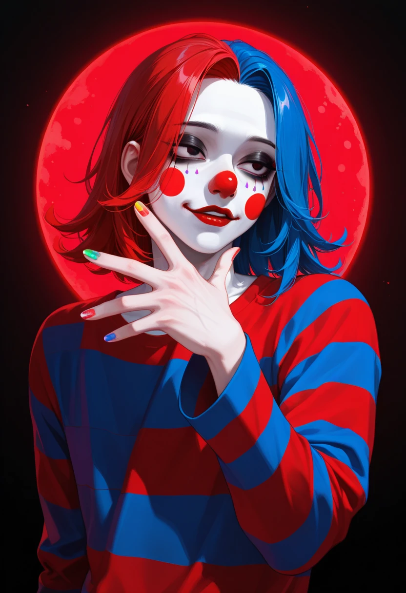 Woman dressed as a clown painted her face like a little clown with a big psycho smile and blood on her face with a knife in her hand with a fat butt