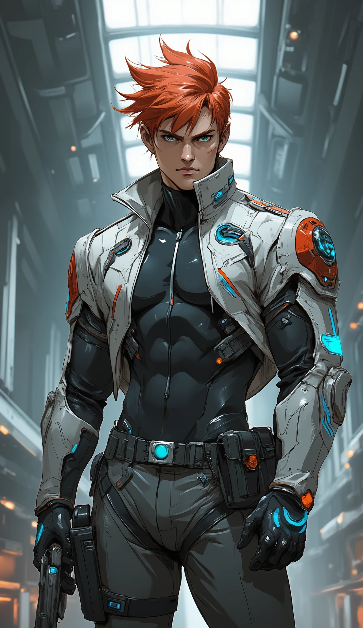(masterpiece, best quality, highres, cinematic lighting, absurdres), professional anime illustration, genga, futuristic sci-fi concept art.
A handsome male elite officer with perfect anatomy and perfect hands, five fingers. He has voluminous, artfully messy short red hair and sharp, deep-set blue eyes with a determined, intense gaze. His facial structure is sharp with a defined jawline. He has a tall, lean, and powerful physique.
He stands confidently in a vast, high-tech sci-fi hangar.
His attire is a complex, multi-layered fusion of a military uniform and tactical gear: a form-fitting black combat undersuit is visible under a high-tech officer's jacket, primarily brilliant white with striking blue and red accents and panel lines. He wears loose-fitting dark grey tactical trousers with red stripes and utility pockets, complemented by white cybernetic armor on his knees and shins that merges into sleek combat boots. Black tactical gloves with red armored modules protect his hands.
The scene is illuminated by realistic ambient light from the hangar's ceiling, creating dramatic shadows and highlights that emphasize the textures of his uniform and the surrounding futuristic environment. The atmosphere is serious, tech-heavy, and exudes a cool, elite confidence.