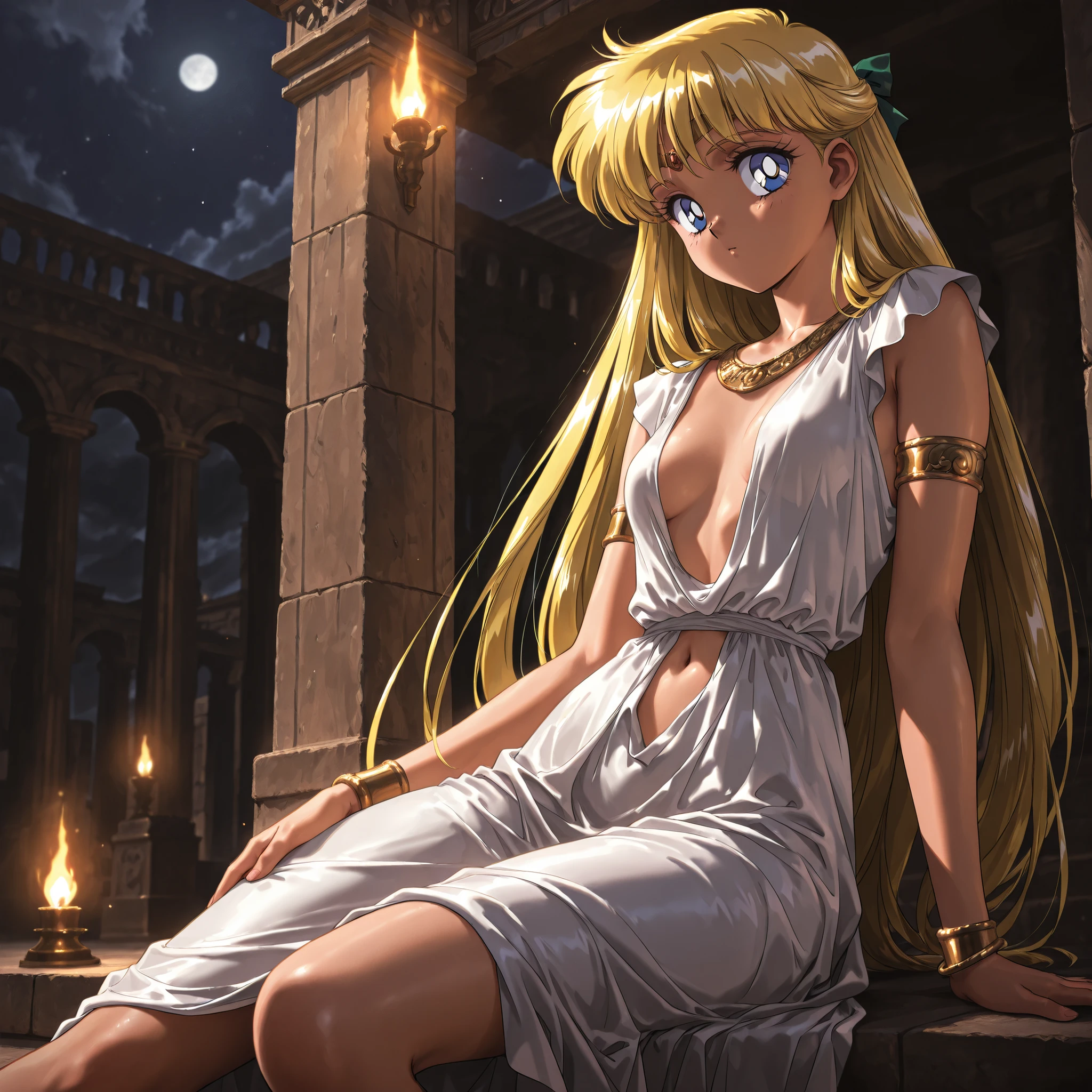 masterpiece, amazing quality, best quality, ultra-detailed, 8K, illustration, ultra-detailed-eyes, soft skin, very awa, very as2, soft body, 1990s \(style\), official art, foreground, ainominako, blonde hair, blue eyes, half updo, long hair, small breasts, night, solo, looking at viewer, navel, jewelry, sitting, white casual dress, bracelet, armlet, ancient Rome,