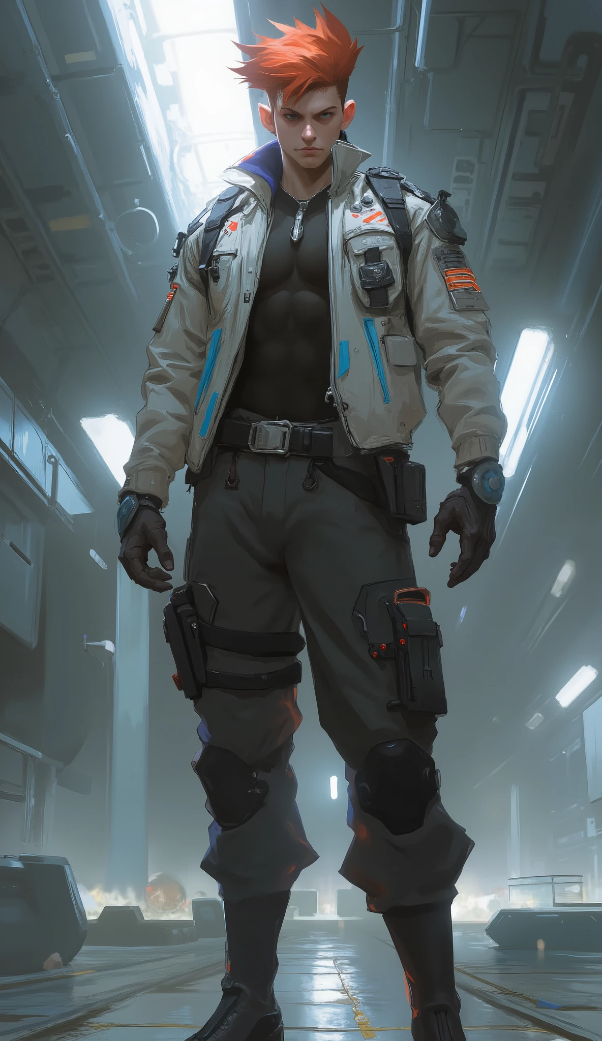 (masterpiece, best quality, highres, cinematic lighting, absurdres), professional anime illustration, genga, futuristic sci-fi concept art.
A handsome male elite officer with perfect anatomy and perfect hands, five fingers. He has voluminous, artfully messy short red hair and sharp, deep-set blue eyes with a determined, intense gaze. His facial structure is sharp with a defined jawline. He has a tall, lean, and powerful physique.
He stands confidently in a vast, high-tech sci-fi hangar.
His attire is a complex, multi-layered fusion of a military uniform and tactical gear: a form-fitting black combat undersuit is visible under a high-tech officer's jacket, primarily brilliant white with striking blue and red accents and panel lines. He wears loose-fitting dark grey tactical trousers with red stripes and utility pockets, complemented by white cybernetic armor on his knees and shins that merges into sleek combat boots. Black tactical gloves with red armored modules protect his hands.
The scene is illuminated by realistic ambient light from the hangar's ceiling, creating dramatic shadows and highlights that emphasize the textures of his uniform and the surrounding futuristic environment. The atmosphere is serious, tech-heavy, and exudes a cool, elite confidence.
