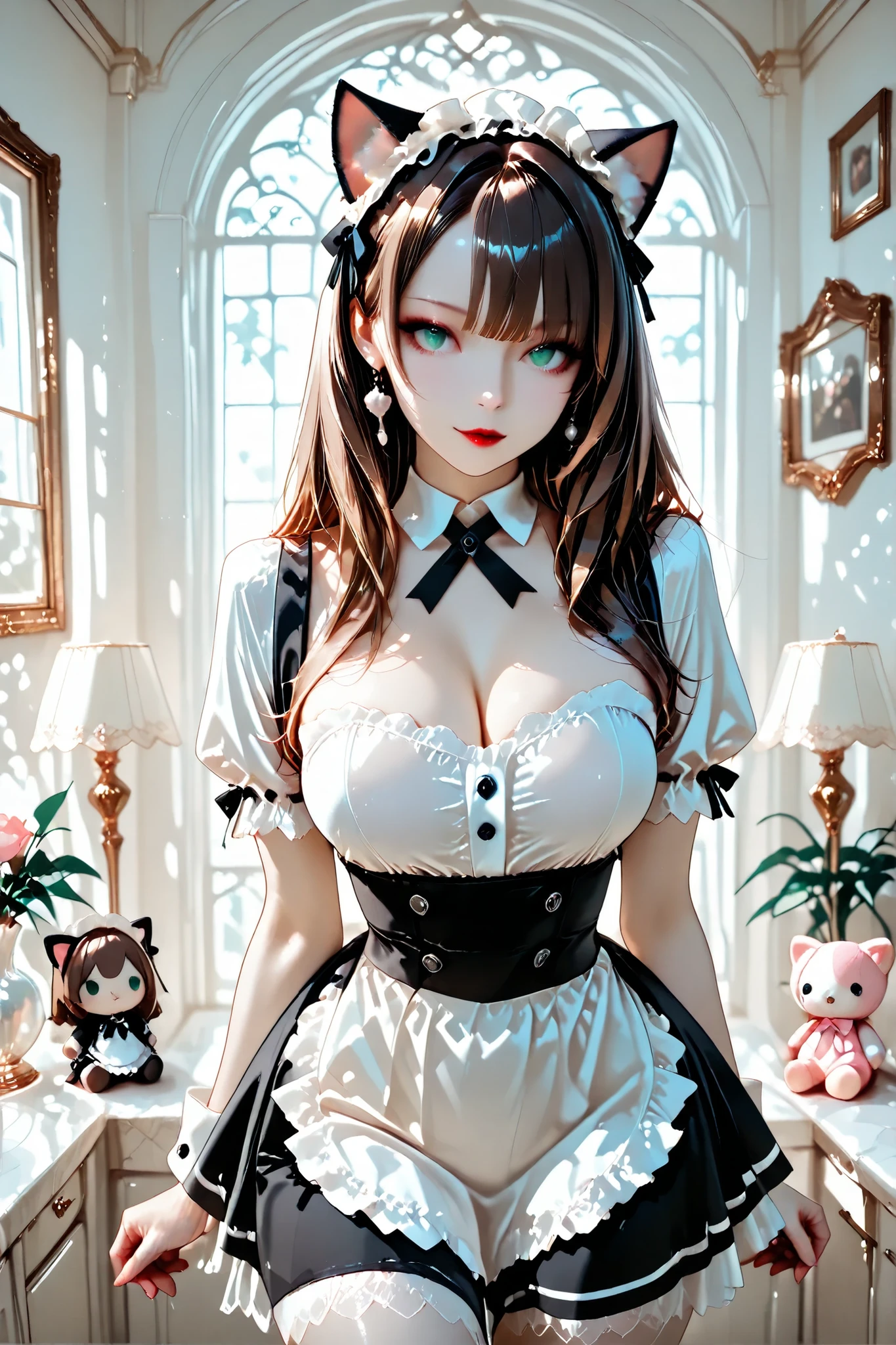 masterpiece, (8k, absolutely-resolution, ultra-detailed, rich-contrast), pixiv-trending style.

a gothic-inspired catgirl, radiant translucent porcelain-like skin, subtle shading, chin-length chestnut brown hair, green eyes, red lips, with cat ears matching her hair.

she wears a maid cosplay.
A bedroom styled in "Jirai-kei" fashion, filled with plush toys, soft pastel decorations, elegant yet provocative, sensual atmosphere.
dim light, well-exposed, full medium shot.