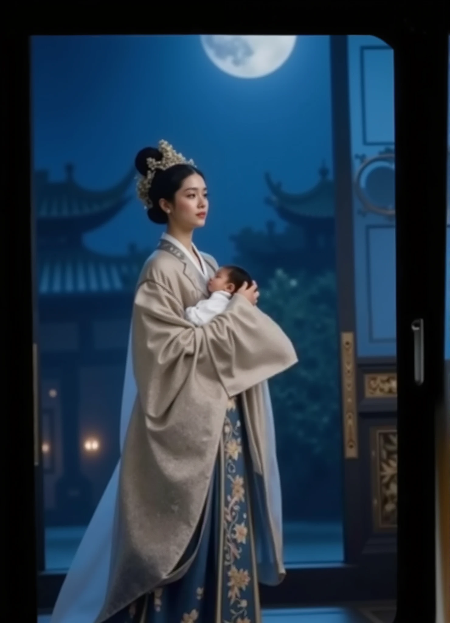 destiny usurped in maximum resolution: Middle-aged servant executing an imperial consort's master plan by secretly taking a newborn twin, exact moment where imperial lineage is fractured by courtly ambition, innocent baby taken from a legitimate imperial destiny in the arms of a woman experienced in palatial secrets, dramatic contrast between the absolute innocence of an infant and the cold calculation of adults determining their future, imperial consort supervising from a prudent distance ensuring the success of the plan without directly staining her hands, atmospheric lighting creating sense of fate being permanently altered through a single act of dynastic treachery