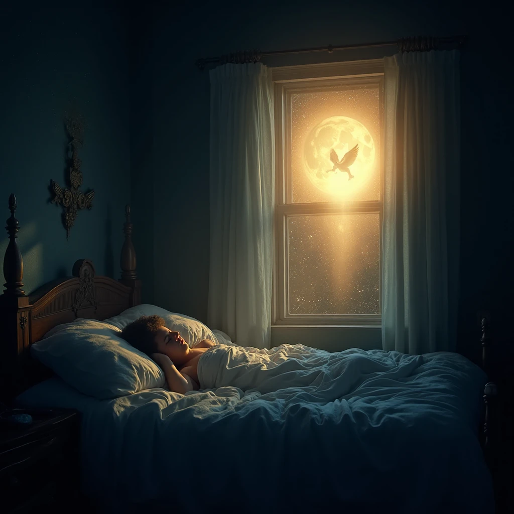 a man sleeping in his bed, with an angel  watching him, it's night, high details, and textures in the image, hyper detailed, vibrant colors