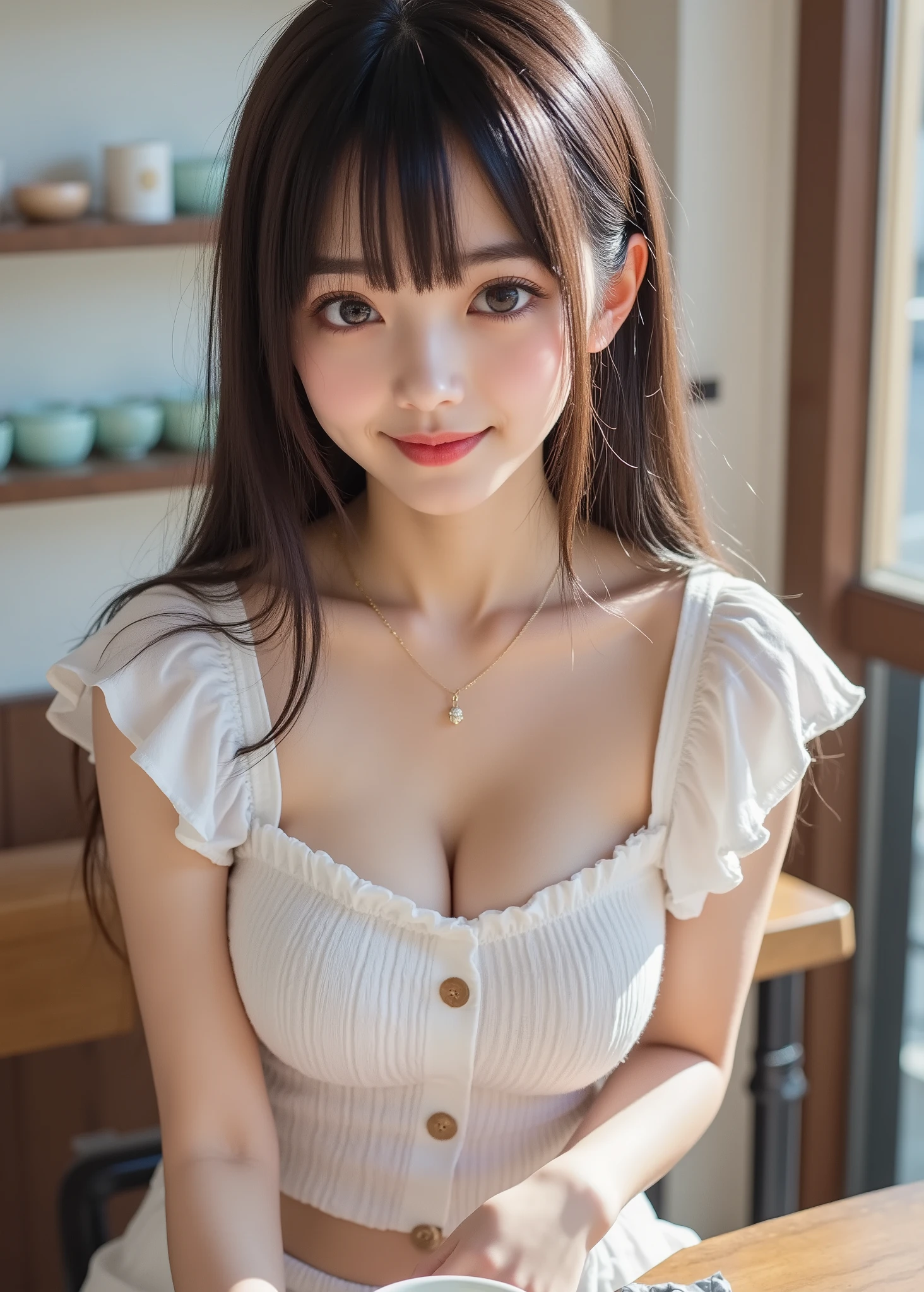 ((Highest Quality、masterpiece、high sensitivity、High Fine、cute woman、A perfect body without bankruptcy)),((slim woman、Japanese idol))、at a stylish cafe where no one else is there、 Ruffle Blouse、white shorts、sit on a chair、Drinking tea、With a happy smile、