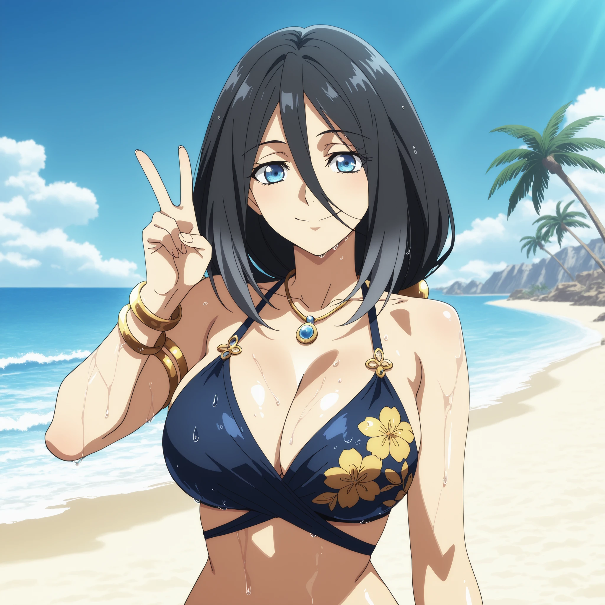 Shildina, blue eyes, black hair, adorno para el cabello, hair between her eyes, slender figure and generous breasts. She wears dark blue bikini with gold details with detailed floral print and wears bracelets and a small necklace. she walks along a beautiful paradisiacal beach of white sand and blue sky with waves and palm trees in the background. wet skin ,  Highly detailed anime art, vibrant lighting, and smooth , glossy skin. happy smile. V sign , 
