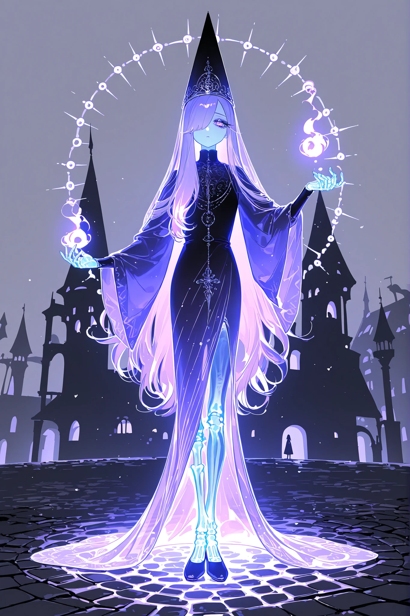  (source_anime,xxx667_illu,glowing,ghostly) The undead medival princes. (She has a transparent skin, the silhouette of her skeletal bones can be see through.) She has a shorty flat-chested body shape. She has ghostly pale skin and bruises under her eyes. She has tired big black-purple eyes with long eyelashes and leaking mascara. She has black very long hair with purple highlights, she has a careless long ghostly hairstyle with long hair over one eye. She has a black manicure. She is wearing a pitch black medieval A-line dress with high collar, silver wimple, and long bishop sleeves. She wearing a black silver cone-shaped hat of princess with purple veil. She wears black ballet flats. (In the background: is a room with an authentic interior of abandoned medieval castle made of cobblestone. Abandoned medival kingdom.)