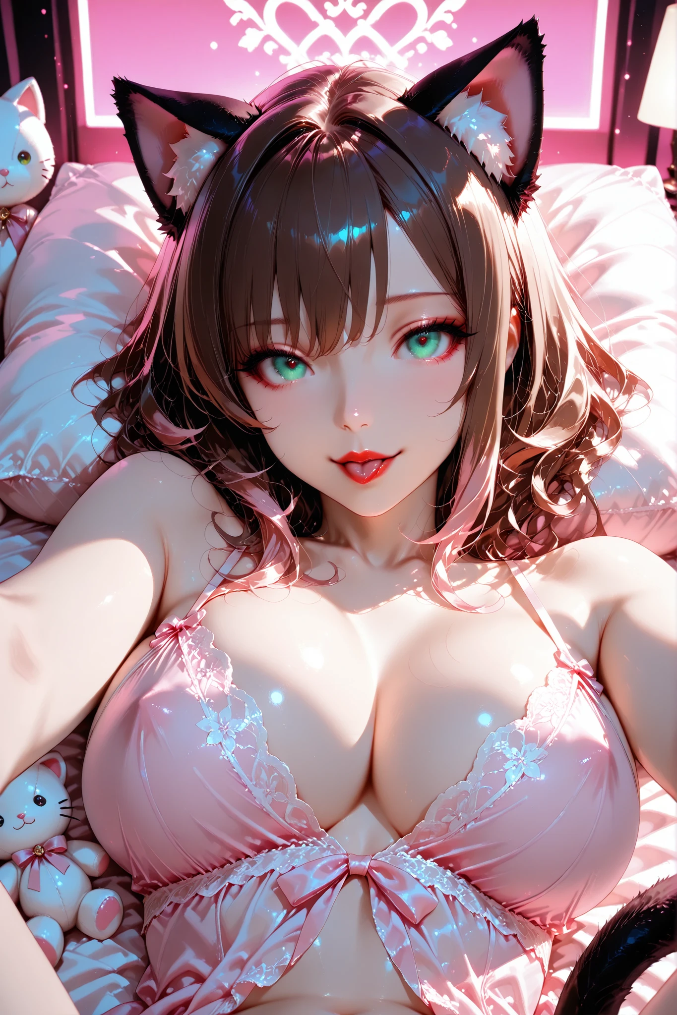 masterpiece, (8k, absolutely-resolution, ultra-detailed, rich-contrast), pixiv-trending style.

a gothic-inspired catgirl with translucent porcelain-like skin and subtle shading, large breasts, chin-length chestnut brown hair, with smooth lighter tips, green eyes, red lips, with cat ears and tail that match her hair color.

she wears a white babydoll with chiffon, clothes stretched out to shape, elegant yet provocative, sensual atmosphere.

A bedroom filled with plush toys, pastel pink and white decorations, and dim lights.

implied tongue-job, lying down on the bed, gaze viewer, close-up, bust shot.