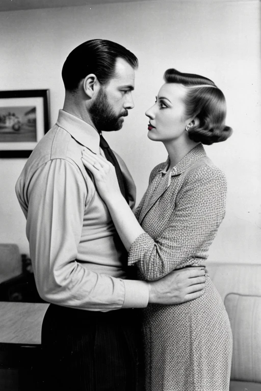 UHD, 4k, ultra detailed, cinematic, a photograph of  <lora:1940 style v1:0.9>
In the 1940's a man and woman are kissing in a black and white photo,1girl,long hair,1boy,hat,monochrome,closed eyes,greyscale,uniform,military,hug,military uniform,realistic,manly  ,realistic,realism,perfection,perfect,filmic,retro,vintage,classic,different haircut,different look,different style,1940's style , 1940 style, epic, beautiful lighting, inpsiring