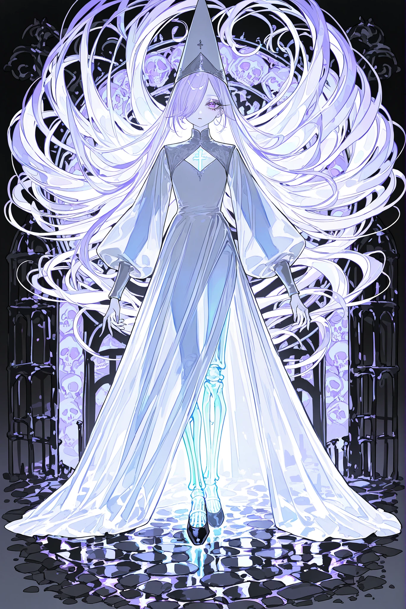  (source_anime,xxx667_illu,glowing,ghostly) The undead medival princes. (She has a transparent skin, the silhouette of her skeletal bones can be see through.) She has a shorty flat-chested body shape. She has ghostly pale skin and bruises under her eyes. She has tired big black-purple eyes with long eyelashes and leaking mascara. She has black very long hair with purple highlights, she has a careless long ghostly hairstyle with long hair over one eye. She has a black manicure. She is wearing a pitch black medieval A-line dress with high collar, silver wimple, and long bishop sleeves. She wearing a black silver cone-shaped hat of princess with purple veil. She wears black ballet flats. (In the background: is a room with an authentic interior of abandoned medieval castle made of cobblestone. Abandoned medival kingdom.)