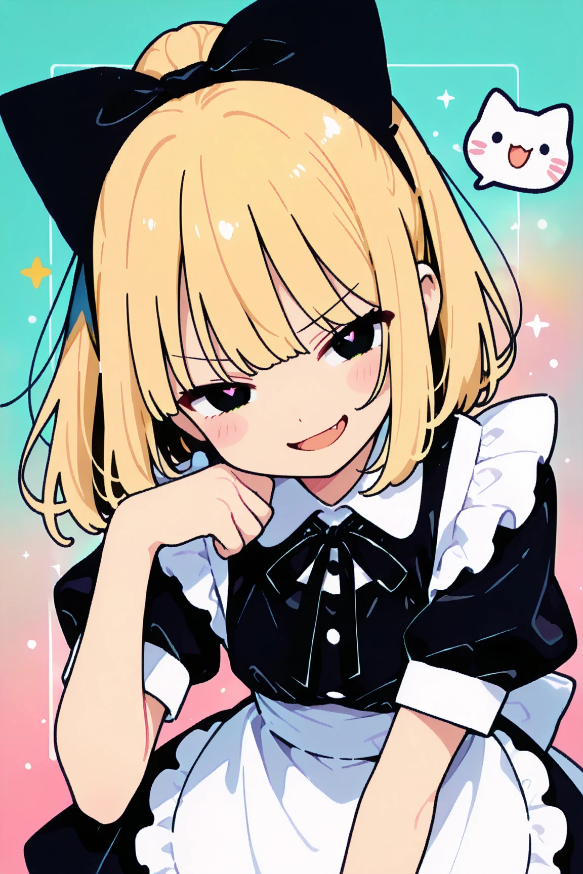 1girl, , , masterpiece, best quality, 10 years old, medium blonde hair, forehead visible bags, yellow eyes, hat, heart, black headwear, puffy short sleeves, log black skirt, heart hads,,1girl, solo, yellow eyes, yellow hair, bow, hat bow, socks, black footwear, black skirt, short sleeves, yuki (touhou), black vest, white sleeves, frill skirt, light smile