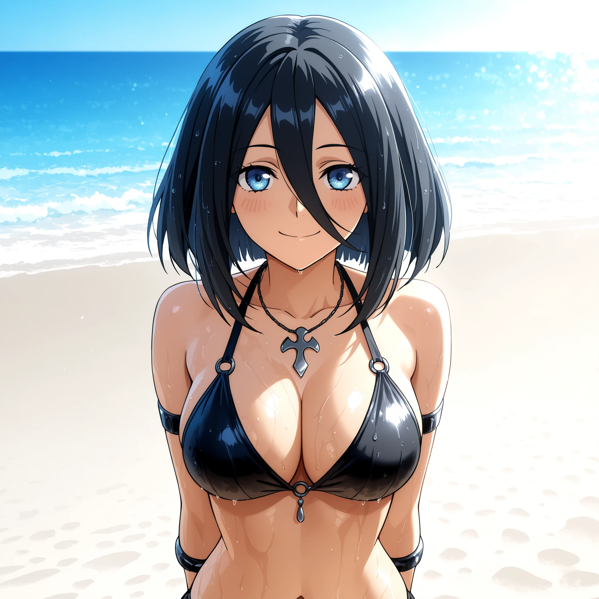 Shildina, blue eyes, black hair, adorno para el cabello, hair between her eyes, slender figure and generous breasts. she wears a detailed gothic bikini and wears gothic bracelets and a small gothic necklace. she walks happily along a beautiful paradisiacal beach with white sand and blue sky , Highly detailed anime art, vibrant lighting, and smooth , glossy skin. smile . blush. wet body and hair. focus on breasts. hands behind the back.