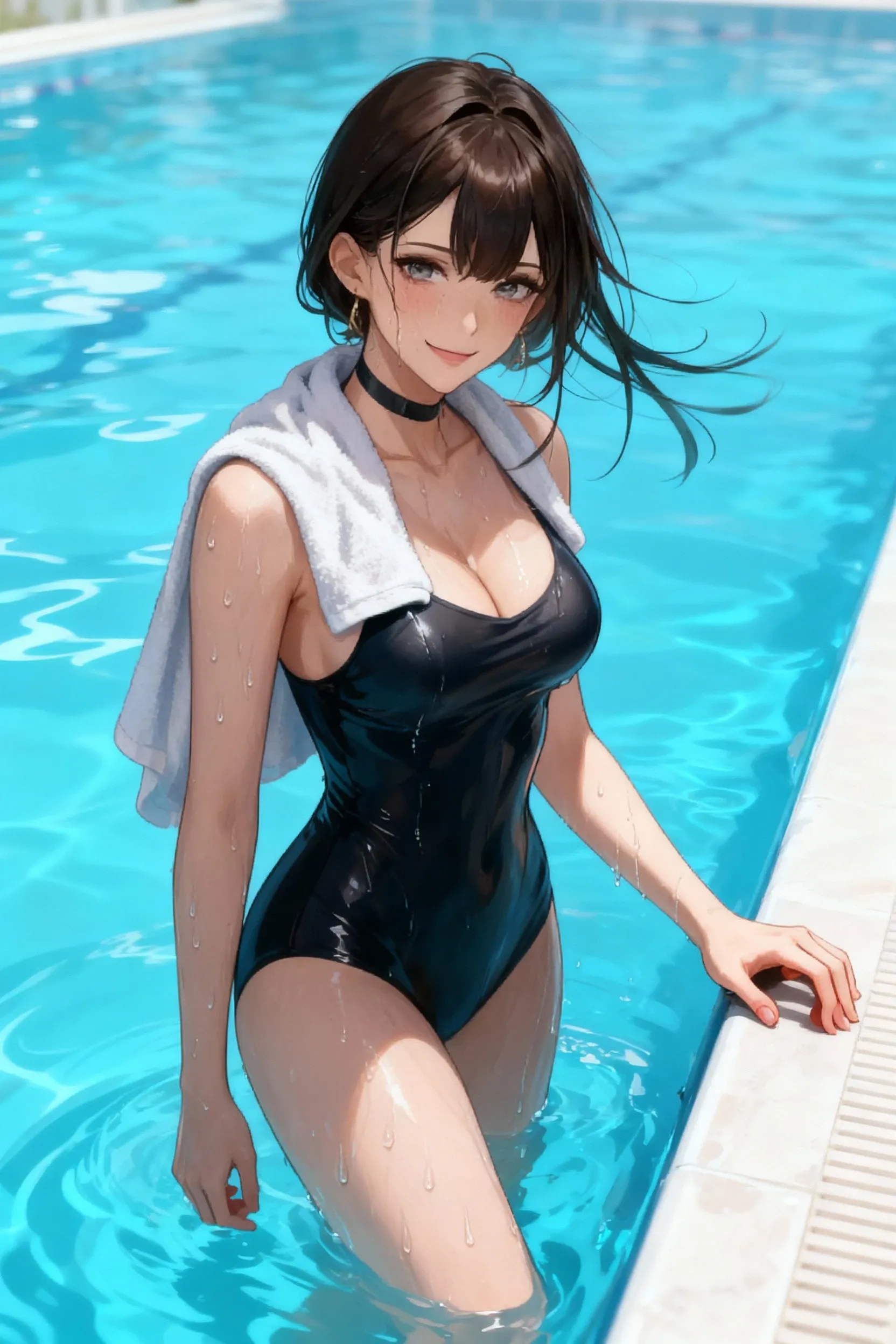 Highest quality,Highest Resolution,A beautiful girl in a leotard swimsuit with a crying face,Poolside at the competition pool,Black hair ponytail,Very beautiful eyes,(((Drink a drink))),Sweat profusely,Tears,Open your mouth wide and drool,Transparent nipples,whole body,Super High Leg,