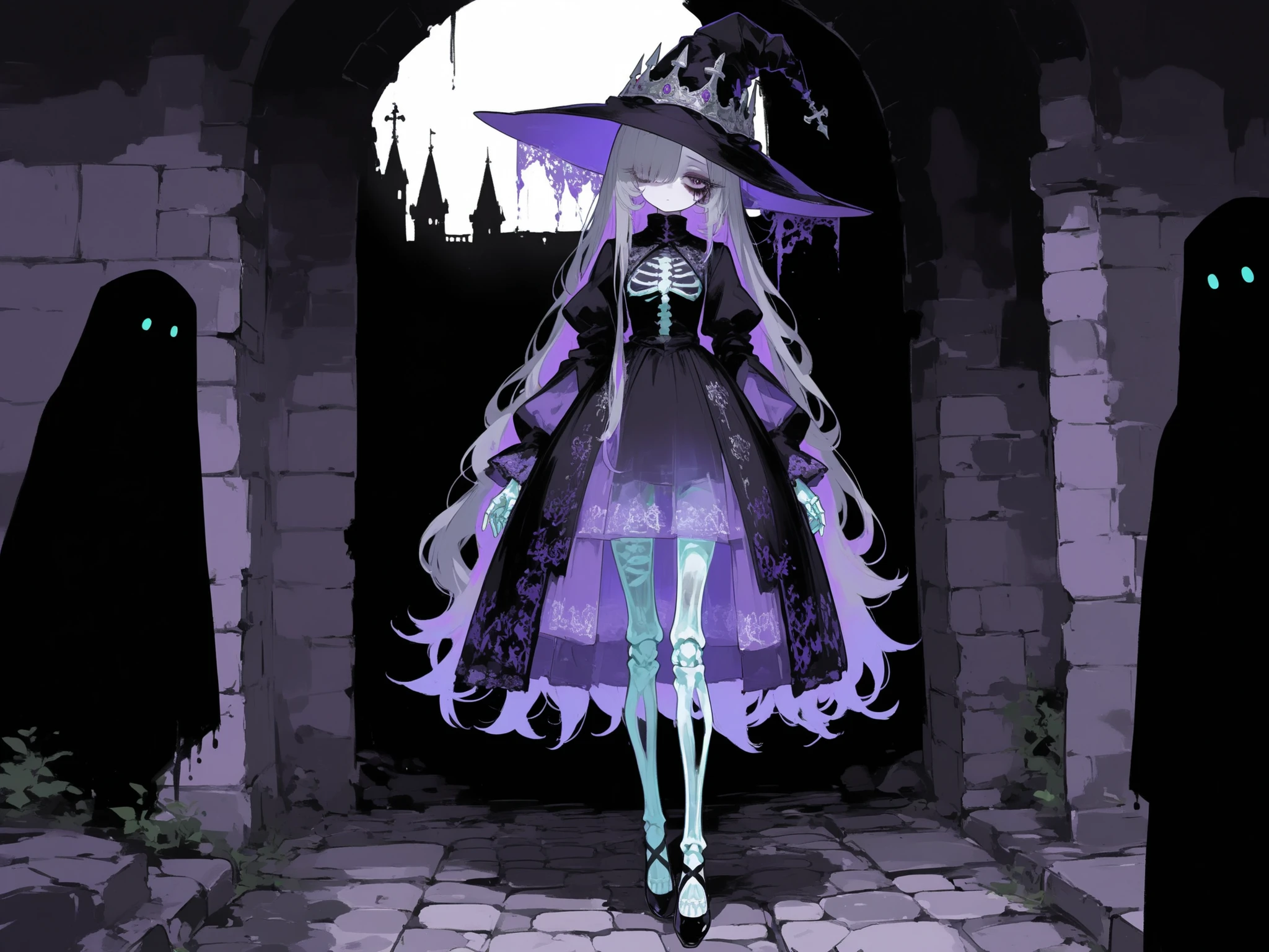 The undead medival princes. (She has a transparent skin, the silhouette of her skeletal bones can be see through.) She has a shorty flat-chested body shape. She has ghostly pale skin and bruises under her eyes. She has tired big black-purple eyes with long eyelashes and leaking mascara. She has black very long hair with purple highlights, she has a careless long ghostly hairstyle with long hair over one eye. She has a black manicure. She is wearing a pitch black medieval A-line dress with high collar, silver wimple, and long bishop sleeves. She wearing a black silver cone-shaped hat of princess, with purple veil. She wears black ballet flats. (In the background: is a room with an authentic interior of abandoned medieval castle made of cobblestone. Abandoned medival kingdom.)