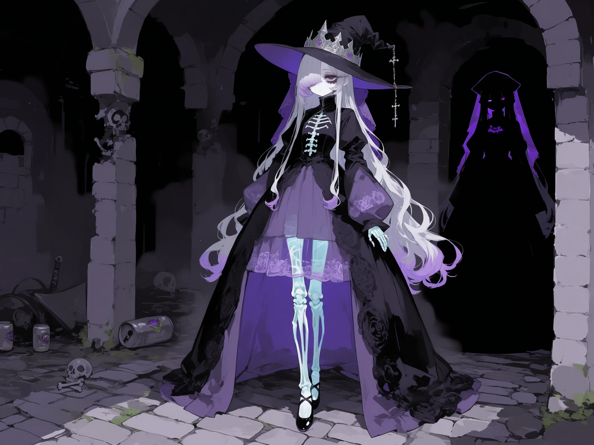The undead medival princes. (She has a transparent skin, the silhouette of her skeletal bones can be see through.) She has a shorty flat-chested body shape. She has ghostly pale skin and bruises under her eyes. She has tired big black-purple eyes with long eyelashes and leaking mascara. She has black very long hair with purple highlights, she has a careless long ghostly hairstyle with long hair over one eye. She has a black manicure. She is wearing a pitch black medieval A-line dress with high collar, silver wimple, and long bishop sleeves. She wearing a black silver cone-shaped hat of princess, with purple veil. She wears black ballet flats. (In the background: is a room with an authentic interior of abandoned medieval castle made of cobblestone. Abandoned medival kingdom.)