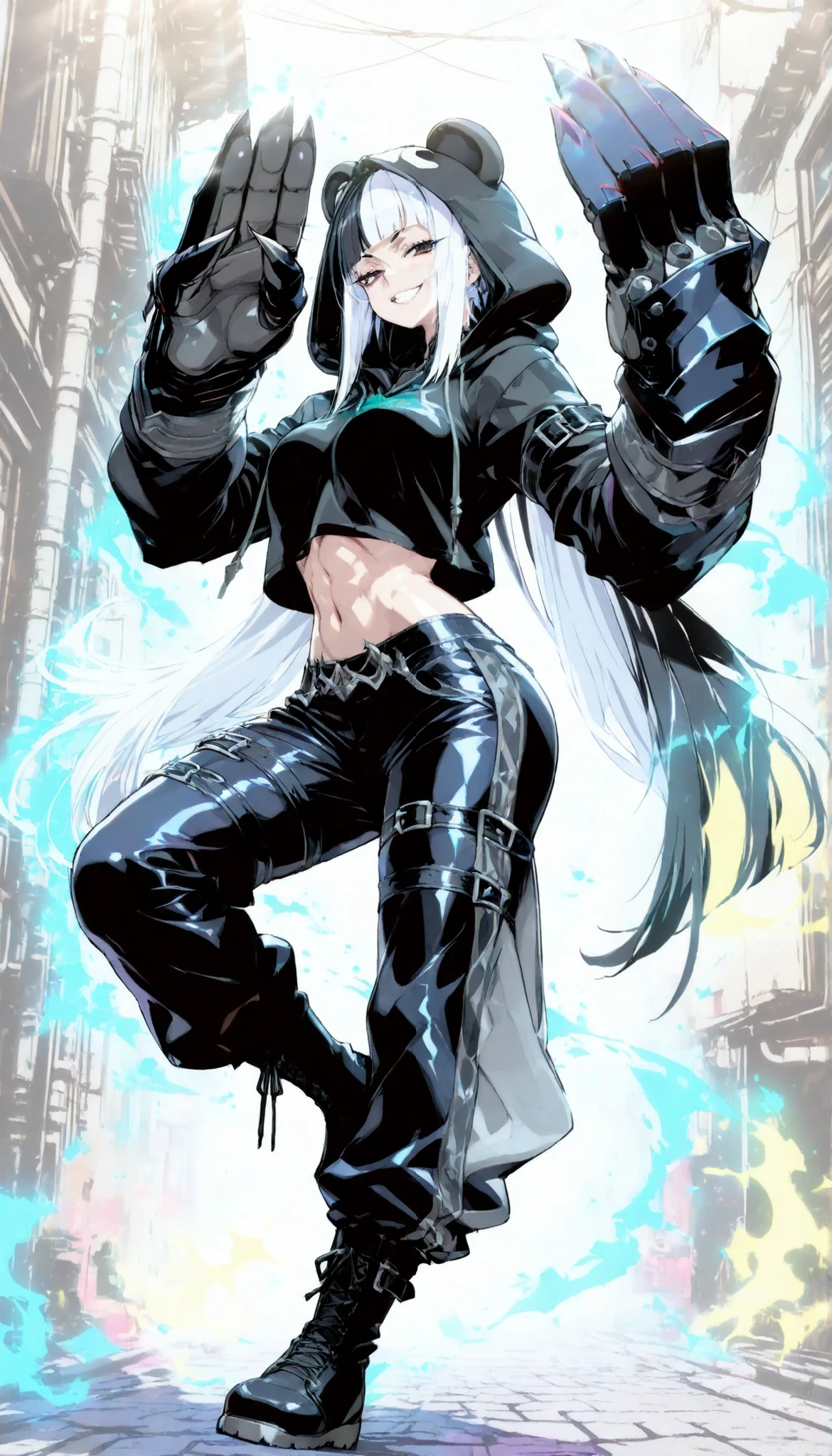 (masterpiece, highest quality), (very detailed, highest quality, official art, beautiful and aesthetic: 1.2) , solo, looking at viewer ,Panda woman, (tall),kung fu pose, Street Fighter ,(giant hands), (claws), black and white clothes,battle, , alley ,Cheers from all around ,Cheers ,face focus ,from side ,grin, sideways glance, half closed eyes, White fur, baggy black coat, curvy, medium breasts , very long hair, multicolored hair, Black and White hair,arm belt, leg belt, elbow gloves, fighting stance, abs, shiny skin, costume, Tight leather pants, Deep hood, boots, (muscular:0.9), (colorful), Dynamic Pose ,Rugged Gauntlets, (contrast), (fisheye lens:1.1), Shiny Skin, ambient light, sunlight, shadow, Hold up your finger, (((black shirt hoodie shirt: 1.3)))