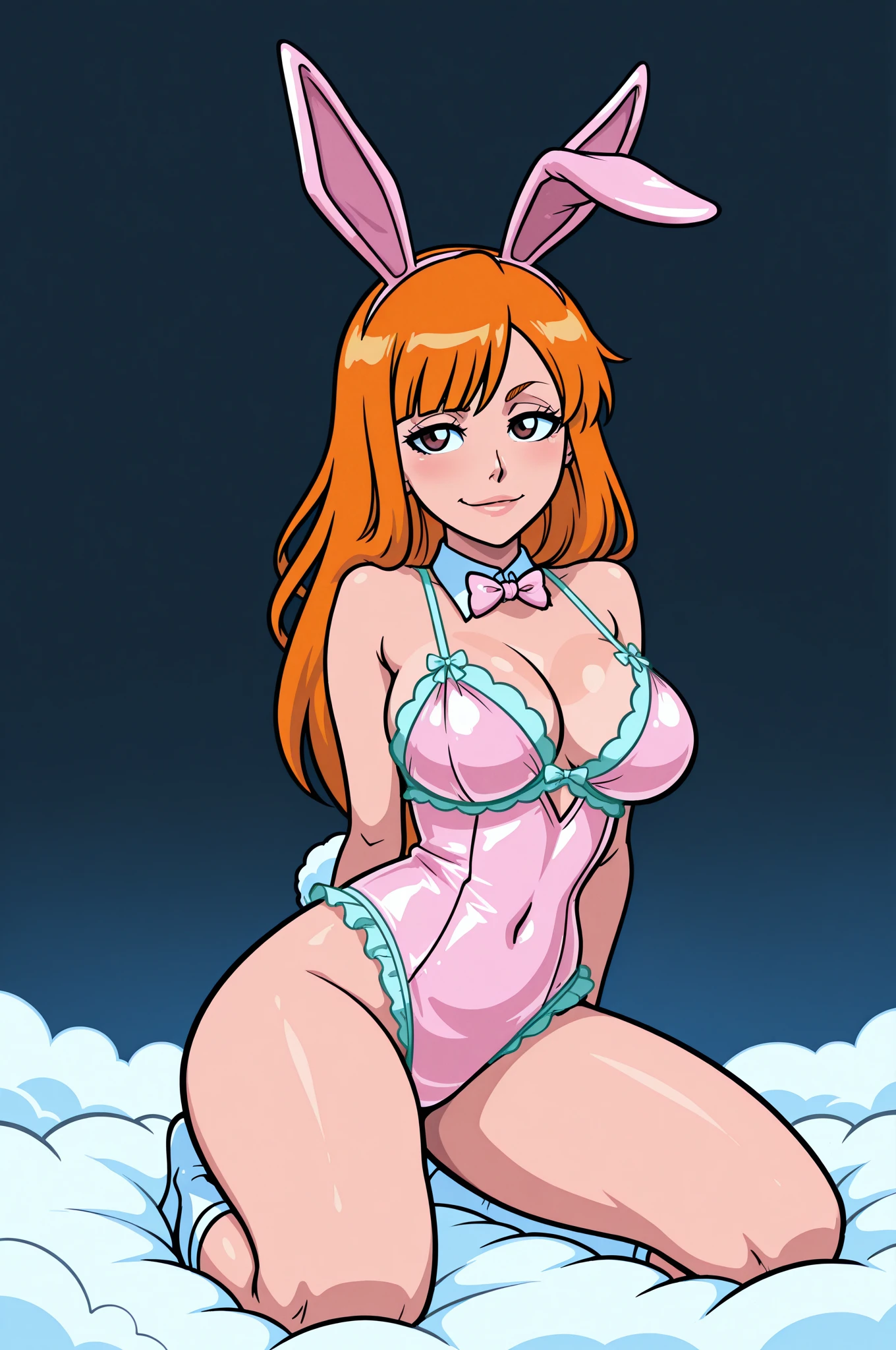 Sitting with Knees Up on bed ,spread legs,Even bangs、princess cut、orange hair, bright eyes, , 光沢のあるnipple、(masterpiece),(highest quality:1.0), (ultra high resolution:1.0), Detail view, 8K, anime, masterpiece, brown eyes、nipple、attractive woman　provocative look　Blushing wavy hair　very big breasts　Fair skin　Very detailed breasts　Very detailed eyes　her cheeks are flushed　show your chest　press your  together　I'm shy,large breasts,saliva  smile,ahegao, blush, sweat, rolling eyes, tears, 1girl,bishojo,　beautiful starry sky、grassland、thick eyebrows、Bunny girl, M legs,show off breasts、I'm looking here、one girl