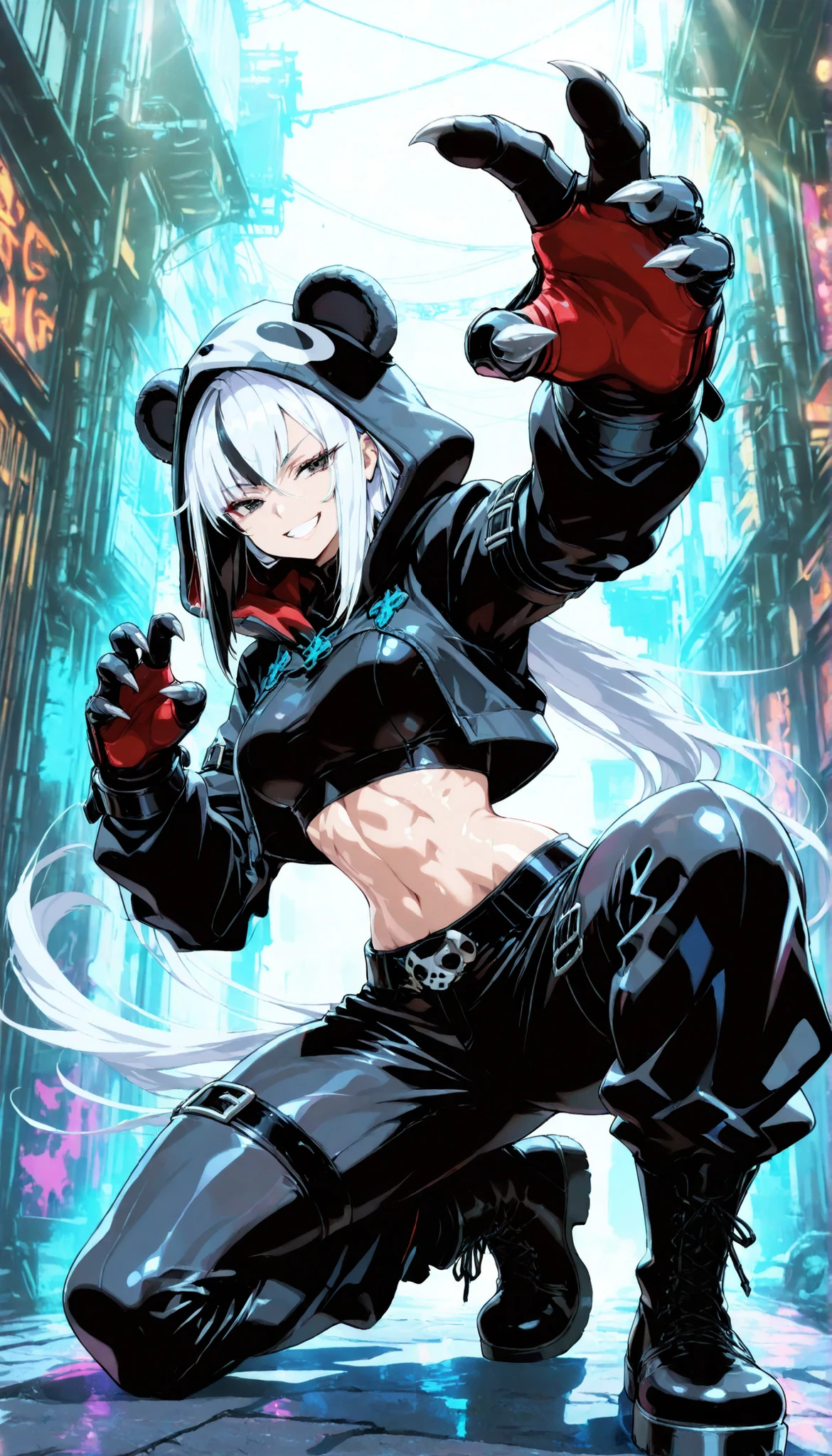 (masterpiece, highest quality), (very detailed, highest quality, official art, beautiful and aesthetic: 1.2) , solo, looking at viewer ,Panda woman, (tall),kung fu pose, Street Fighter ,(giant hands), (claws), black and white clothes,battle, , alley ,Cheers from all around ,Cheers ,face focus ,from side ,grin, sideways glance, half closed eyes, White fur, baggy black coat, curvy, medium breasts , very long hair, multicolored hair, Black and White hair,arm belt, leg belt, elbow gloves, fighting stance, abs, shiny skin, costume, Tight leather pants, Deep hood, boots, (muscular:0.9), (colorful), Dynamic Pose ,Rugged Gauntlets, (contrast), (fisheye lens:1.1), Shiny Skin, ambient light, sunlight, shadow, Hold up your finger, (((black shirt hoodie shirt: 1.3)))