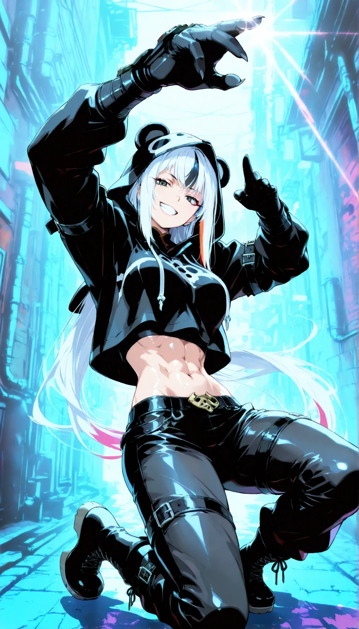 (masterpiece, highest quality), (very detailed, highest quality, official art, beautiful and aesthetic: 1.2) , solo, looking at viewer ,Panda woman, (tall),kung fu pose, Street Fighter ,(giant hands), (claws), black and white clothes,battle, , alley ,Cheers from all around ,Cheers ,face focus ,from side ,grin, sideways glance, half closed eyes, White fur, baggy black coat, curvy, medium breasts , very long hair, multicolored hair, Black and White hair,arm belt, leg belt, elbow gloves, fighting stance, abs, shiny skin, costume, Tight leather pants, Deep hood, boots, (muscular:0.9), (colorful), Dynamic Pose ,Rugged Gauntlets, (contrast), (fisheye lens:1.1), Shiny Skin, ambient light, sunlight, shadow, Hold up your finger, (((black shirt hoodie shirt: 1.3)))
