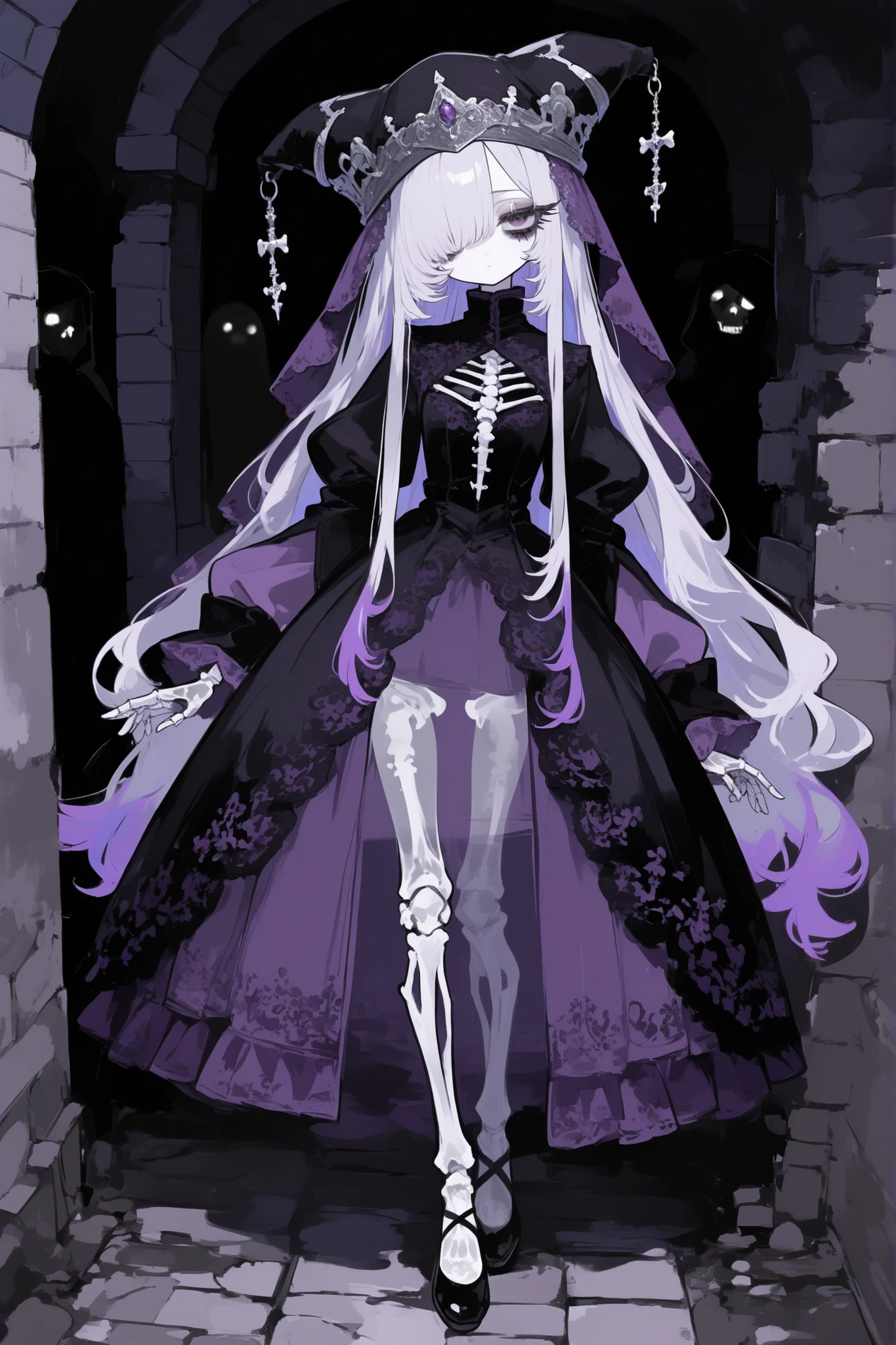 The undead medival princes. (She has a transparent skin, the silhouette of her skeletal bones can be see through.) She has a shorty flat-chested body shape. She has ghostly pale skin and bruises under her eyes. She has tired big black-purple eyes with long eyelashes and leaking mascara. She has black very long hair with purple highlights, she has a careless long ghostly hairstyle with long hair over one eye. She has a black manicure. She is wearing a pitch black medieval A-line dress with high collar, silver wimple, and long bishop sleeves. She wearing a black silver cone-shaped hat of princess, with purple veil. She wears black ballet flats. (In the background: is a room with an authentic interior of abandoned medieval castle made of cobblestone. Abandoned medival kingdom.)