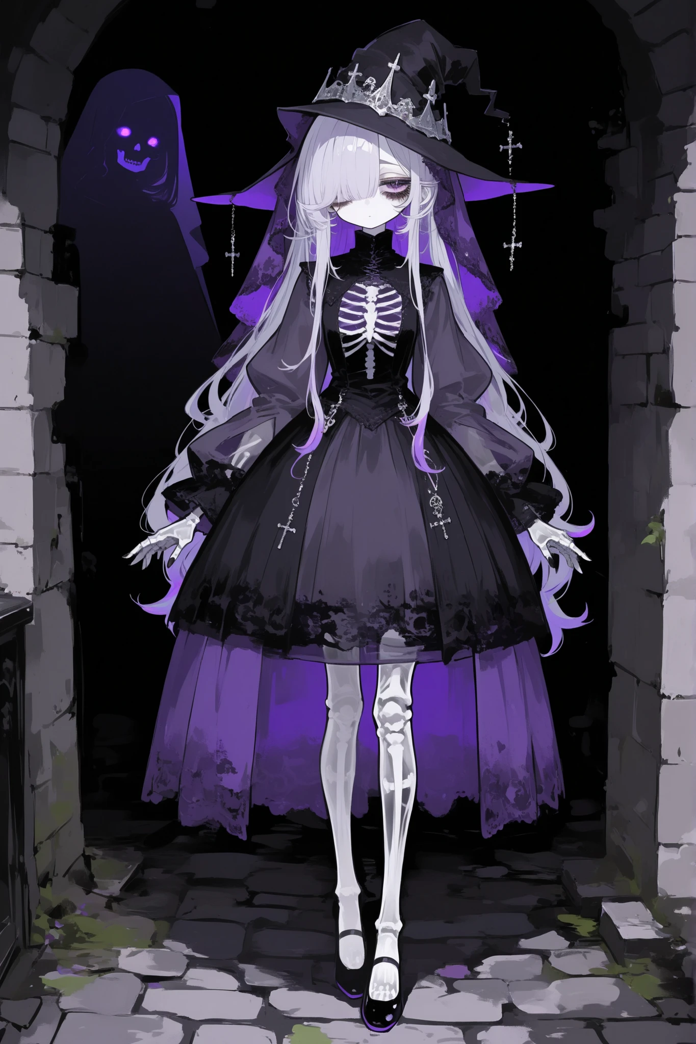 The undead medival princes. (She has a transparent skin, the silhouette of her skeletal bones can be see through.) She has a shorty flat-chested body shape. She has ghostly pale skin and bruises under her eyes. She has tired big black-purple eyes with long eyelashes and leaking mascara. She has black very long hair with purple highlights, she has a careless long ghostly hairstyle with long hair over one eye. She has a black manicure. She is wearing a pitch black medieval A-line dress with high collar, silver wimple, and long bishop sleeves. She wearing a black silver cone-shaped hat of princess, with purple veil. She wears black ballet flats. (In the background: is a room with an authentic interior of abandoned medieval castle made of cobblestone. Abandoned medival kingdom.)