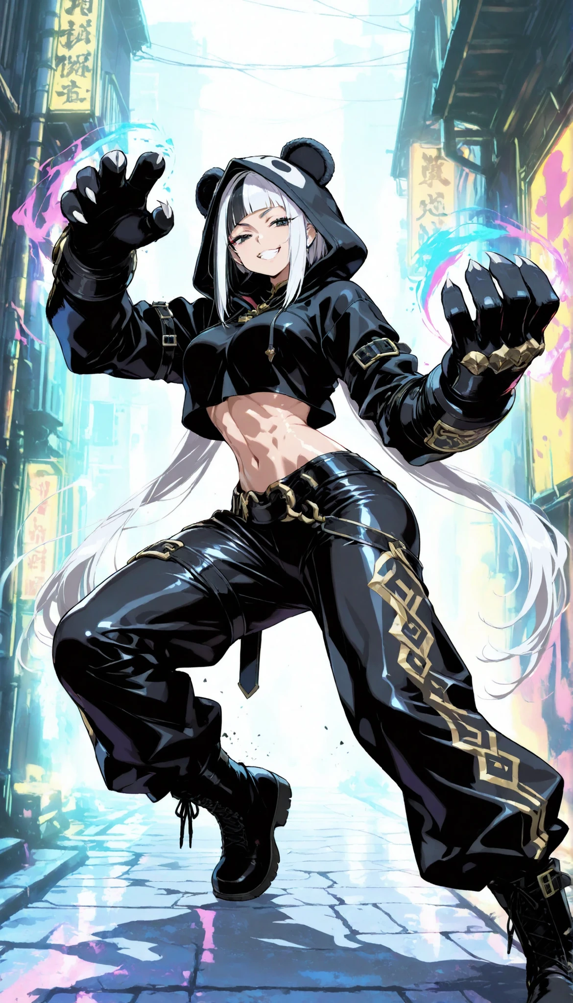 (masterpiece, highest quality), (very detailed, highest quality, official art, beautiful and aesthetic: 1.2) , solo, looking at viewer ,Panda woman, (tall),kung fu pose, Street Fighter ,(giant hands), (claws), black and white clothes,battle, , alley ,Cheers from all around ,Cheers ,face focus ,from side ,grin, sideways glance, half closed eyes, White fur, baggy black coat, curvy, medium breasts , very long hair, multicolored hair, Black and White hair,arm belt, leg belt, elbow gloves, fighting stance, abs, shiny skin, costume, Tight leather pants, Deep hood, boots, (muscular:0.9), (colorful), Dynamic Pose ,Rugged Gauntlets, (contrast), (fisheye lens:1.1), Shiny Skin, ambient light, sunlight, shadow, Hold up your finger, (((black shirt hoodie shirt: 1.3)))