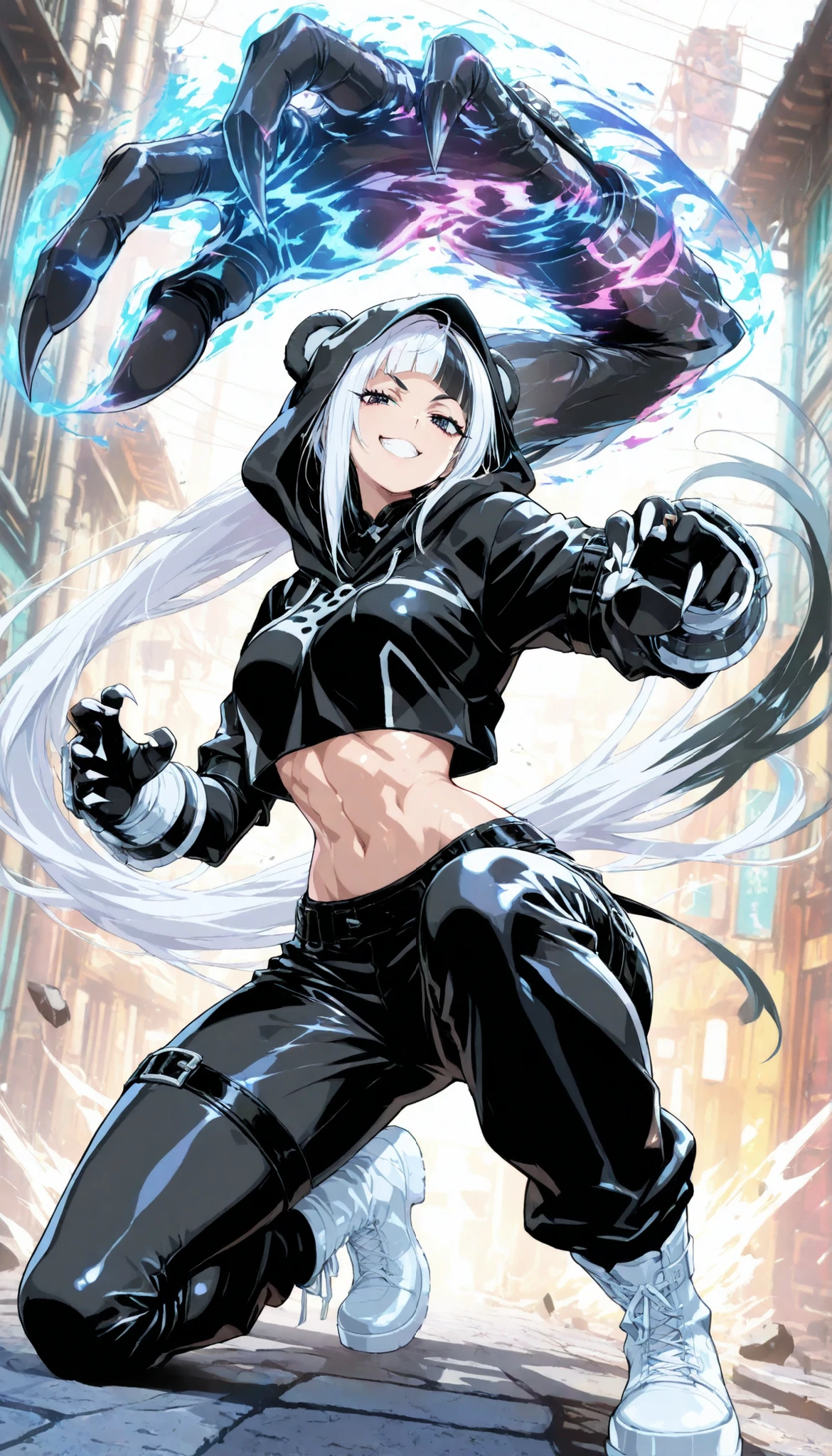 (masterpiece, highest quality), (very detailed, highest quality, official art, beautiful and aesthetic: 1.2) , solo, looking at viewer ,Panda woman, (tall),kung fu pose, Street Fighter ,(giant hands), (claws), black and white clothes,battle, , alley ,Cheers from all around ,Cheers ,face focus ,from side ,grin, sideways glance, half closed eyes, White fur, baggy black coat, curvy, medium breasts , very long hair, multicolored hair, Black and White hair,arm belt, leg belt, elbow gloves, fighting stance, abs, shiny skin, costume, Tight leather pants, Deep hood, boots, (muscular:0.9), (colorful), Dynamic Pose ,Rugged Gauntlets, (contrast), (fisheye lens:1.1), Shiny Skin, ambient light, sunlight, shadow, Hold up your finger, (((black shirt hoodie shirt: 1.3)))