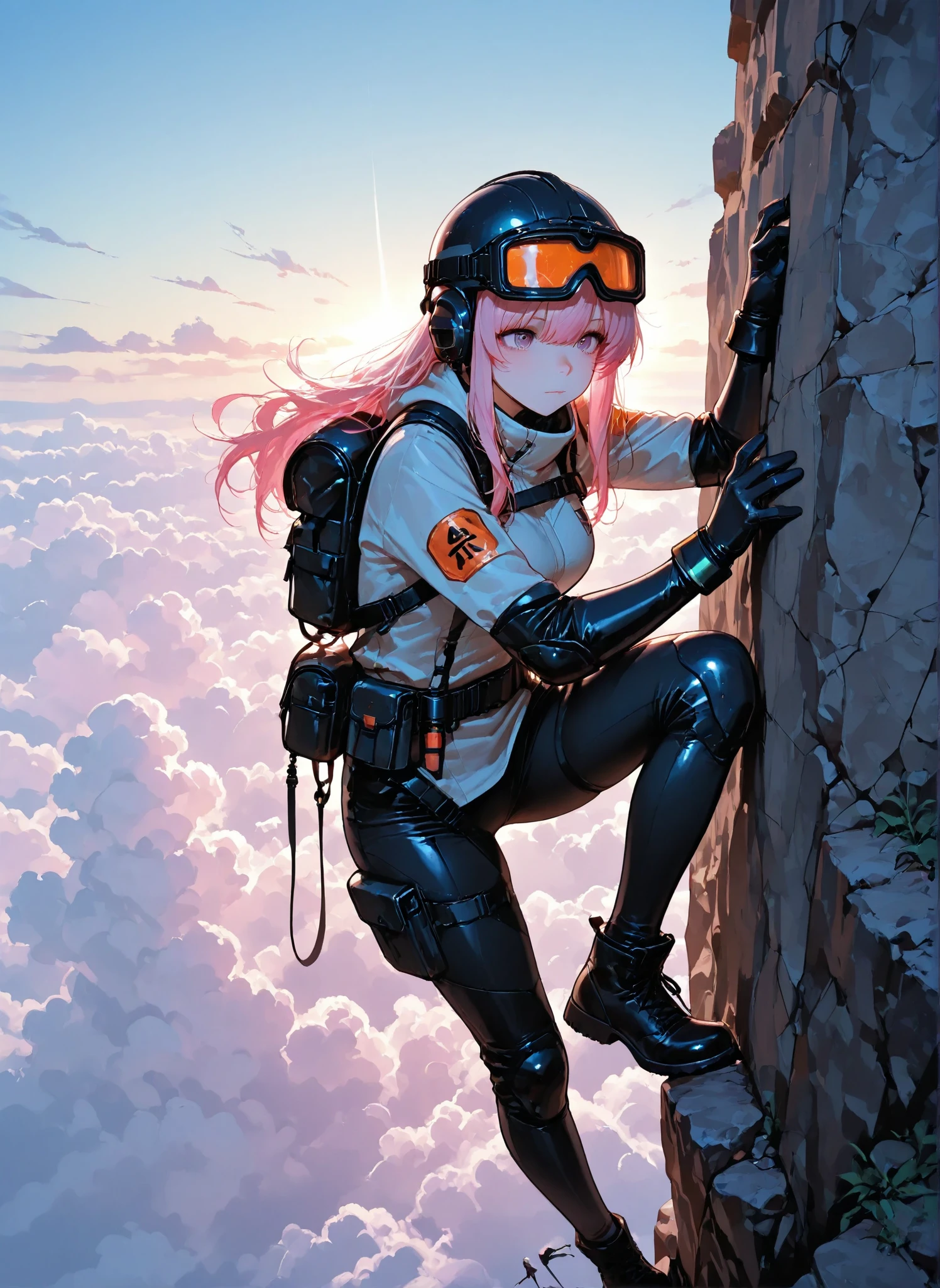 (masterpiece), (best quality), 1female, doing wall climbing on a cliff, side view, (long_ponytail pink color hair:1.21), (hair over one eye:1.23), wearing climbers wear, hanging on a cliff, holding a rope, detailed beautiful eyes, detailed gorgeous face, perfect , very cute, dynamic pose, perfect shading, dramatic lighting, rendered in 8K resolution for high-quality detail, concept art, smooth, sharp focus, illustration, highly detailed, soft natural volumetric, cinematic perfect light, intricate details,